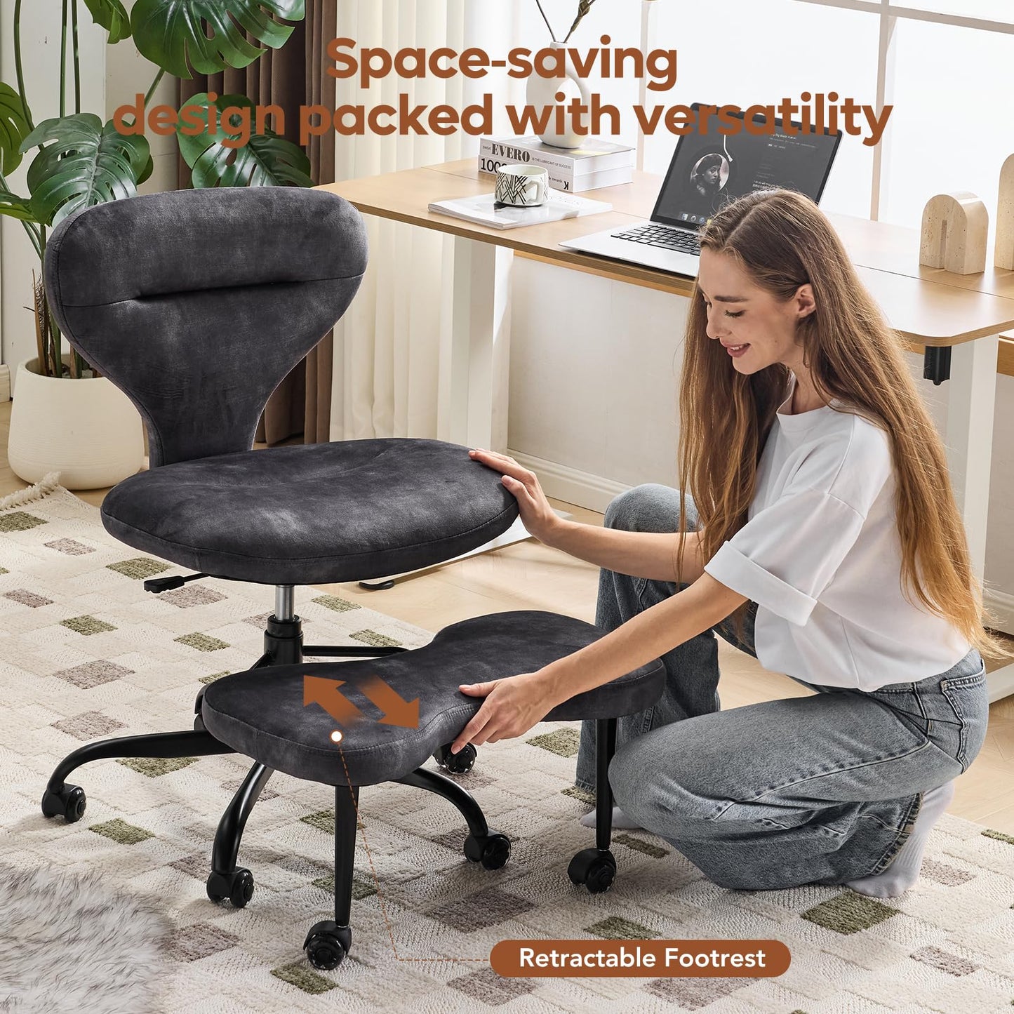 YFO Ergonomic Cross Legged Office Chair and ADHD Meditation Chair with Silent Wheels for Home Office Desk Chair and Yoga, Wider Backrest Support and Storage Pockets Design, Velvet Fabric, Grey