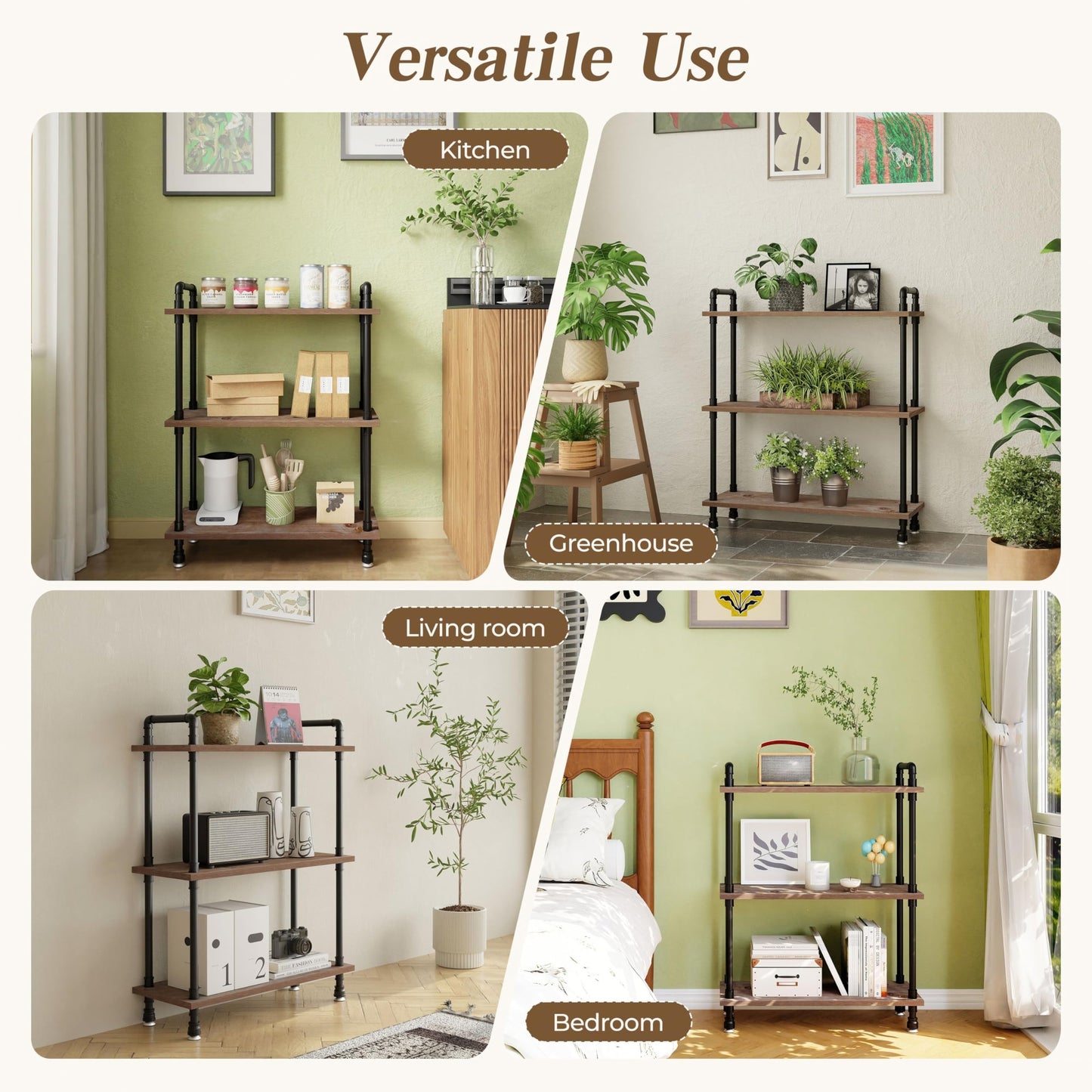 Industrial Bookshelf, Rustic Open Bookcase, 3 Tier Wood and Metal Bookshelf, Solid Pine Wood and Iron Pipe Storage Shelf Narrow Small Space Storage Shelf for Living Room Office Bedroom Kitchen