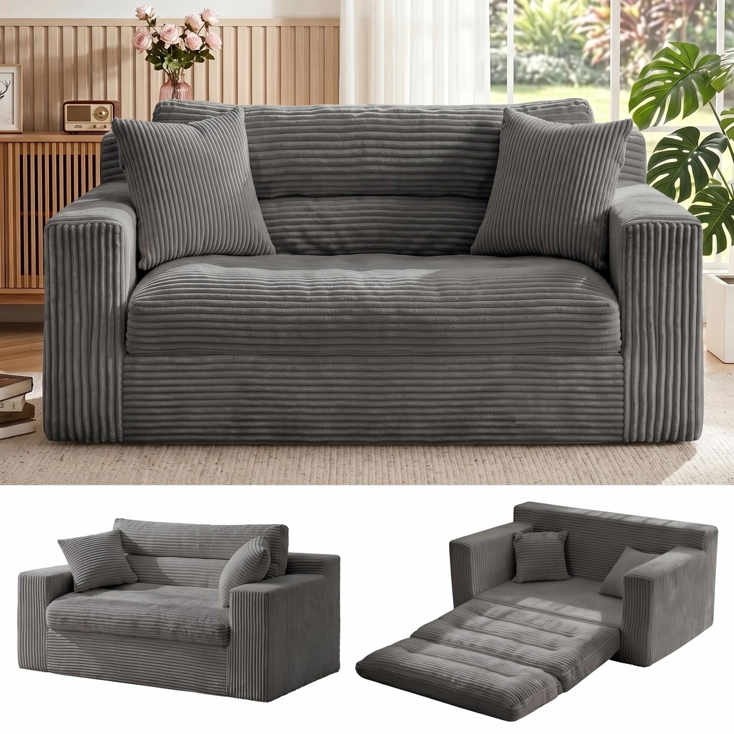 Erament Boneless Loveseat Sofa Couch, 2 in 1 Convertible Sofa Bed with Pillows, Fold Out Bean Bag Chair Boneless Floor Couch for Living Room Bedroom Office Lounge Apartment, No Assembly Needed, Grey