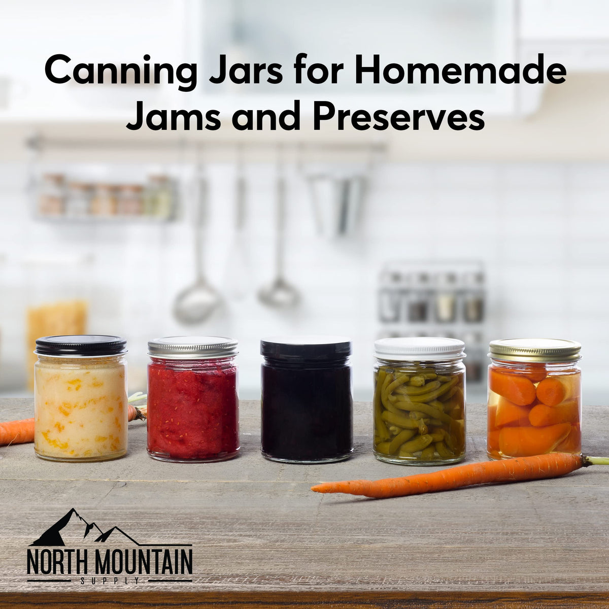 North Mountain Supply 9 Ounce Clear Glass Straight Sided Mason Canning Jars- With 70mm Black Plastic Lids - Case of 12