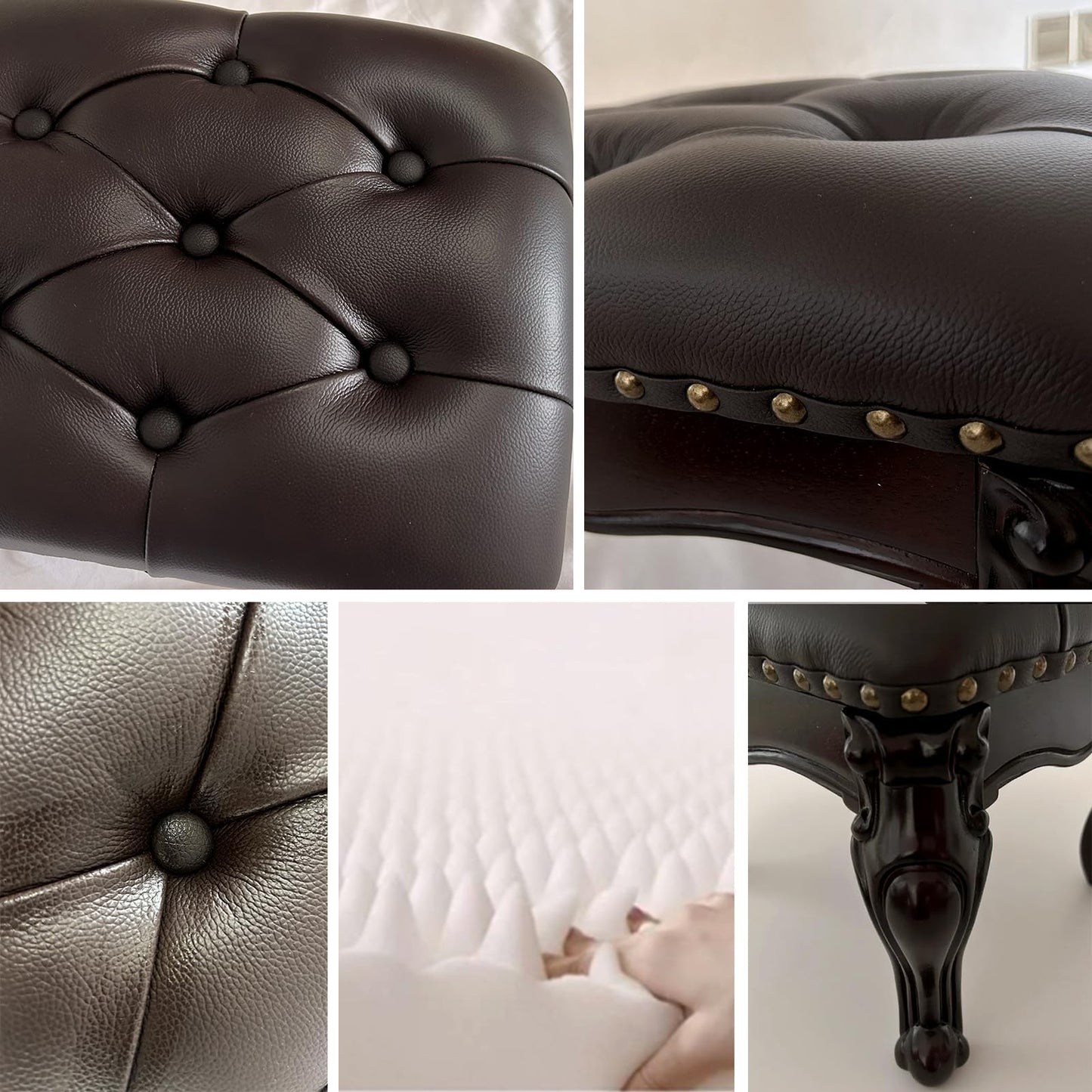GHBRHBJ Leather Foot Stool,Vintage Footstools,Wooden Footrest,Upholstered Foot Rest for Living Room,Sofa,Entryway (Walnut)