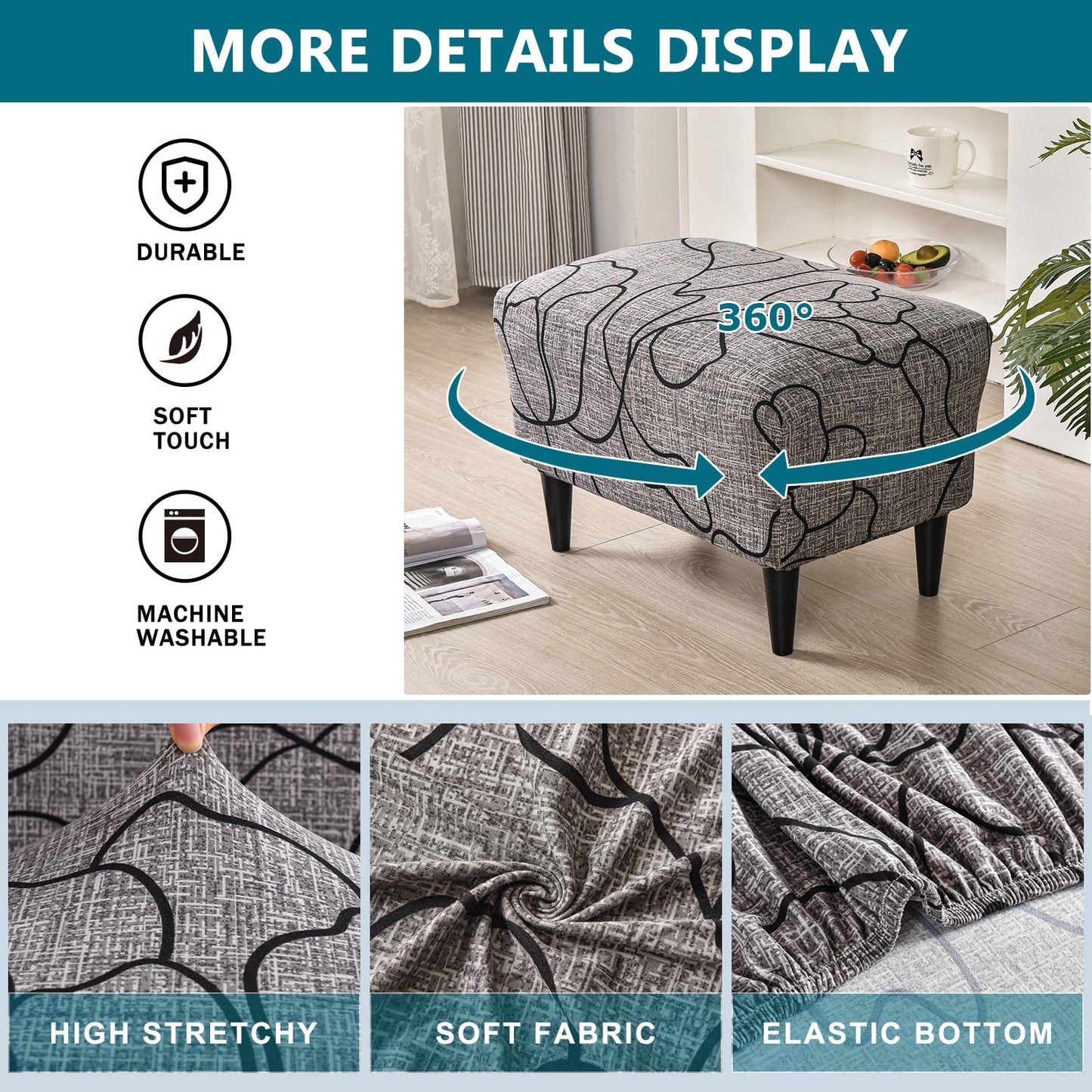 KRFOONN Ottoman Slipcovers Stretch Rectangle Footrest Stool Covers Printed Ottoman Cover for Foot Stool Furniture Protector with Non Slip Elastic Bottom(24, X-Large)