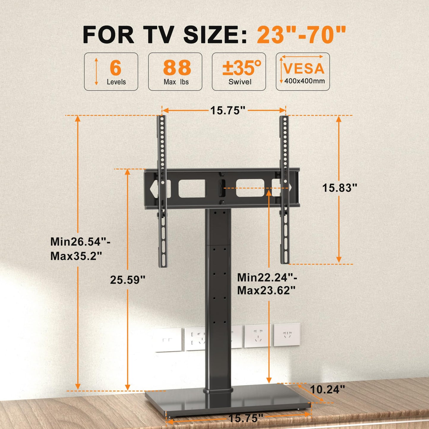 XINLEI Universal Swivel TV Stand Base Table Top TV Stand for 23-70 Inch TVs 70 Degree Swivel, 6 Height Adjustable Tall Monitor Mount Stand, Max VESA 400x400mm,Holds up to 88lbs TS206