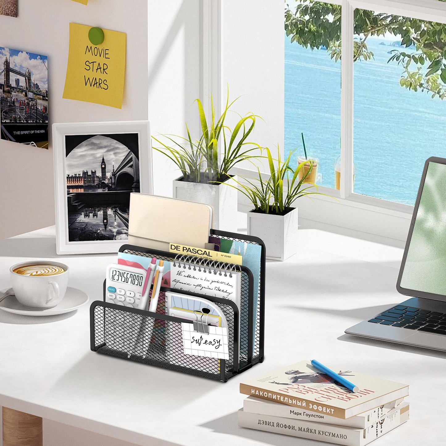 SUPEASY Mail Organizer for Desk, Mesh Metal Mail Holder Countertop with 3-Slot, Letter Sorter File Holder, Office Envelope Organizer for Mails (Black)