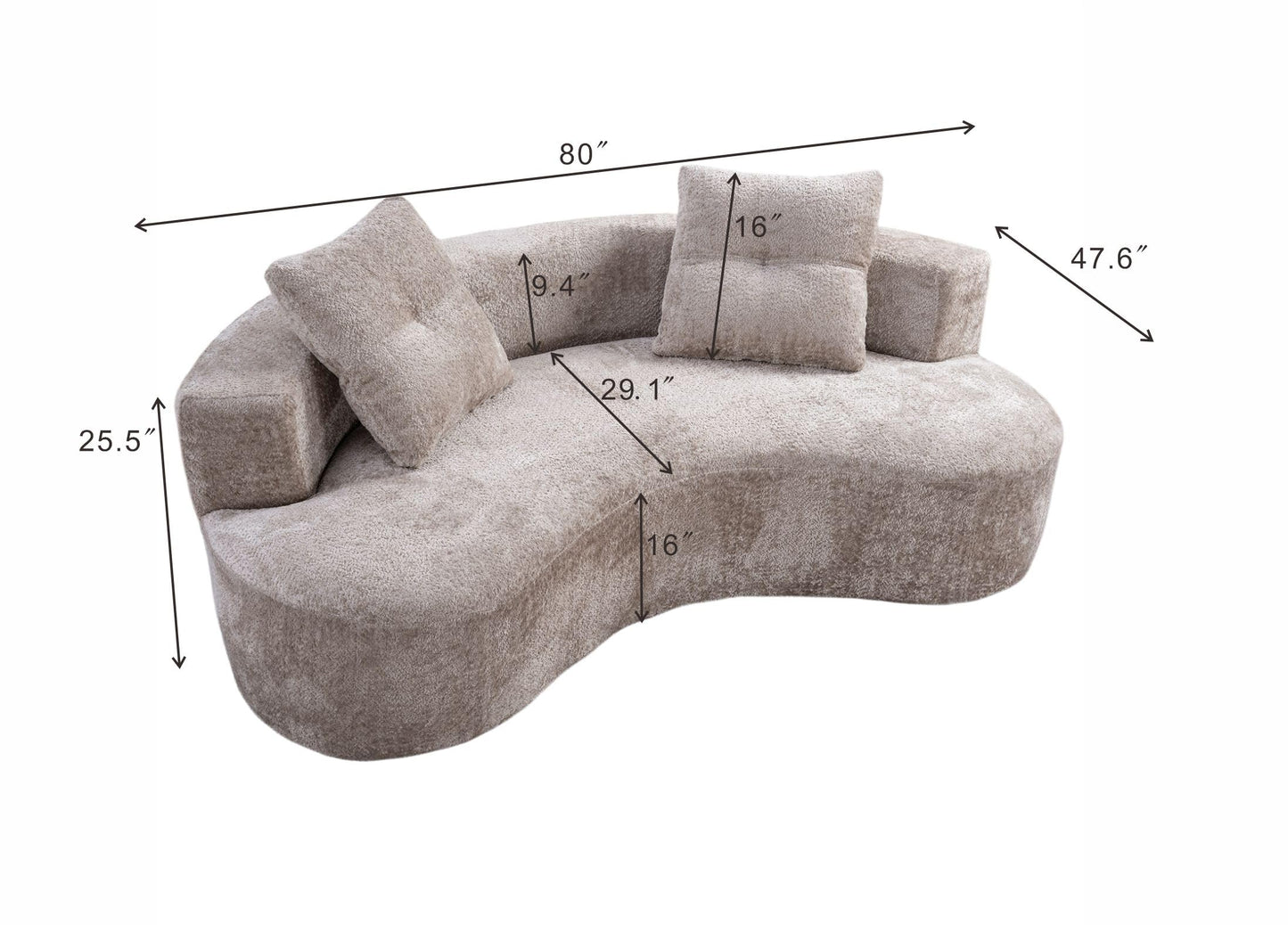 KEIKI 80" Boucle Curved Modular Boneless Sofa with 2 Pillows, Upholstered Modern Style 3-Seater Couch with High Resilience Cushion, No Assembly Required, for Apartment, Living Room, Office, Camel