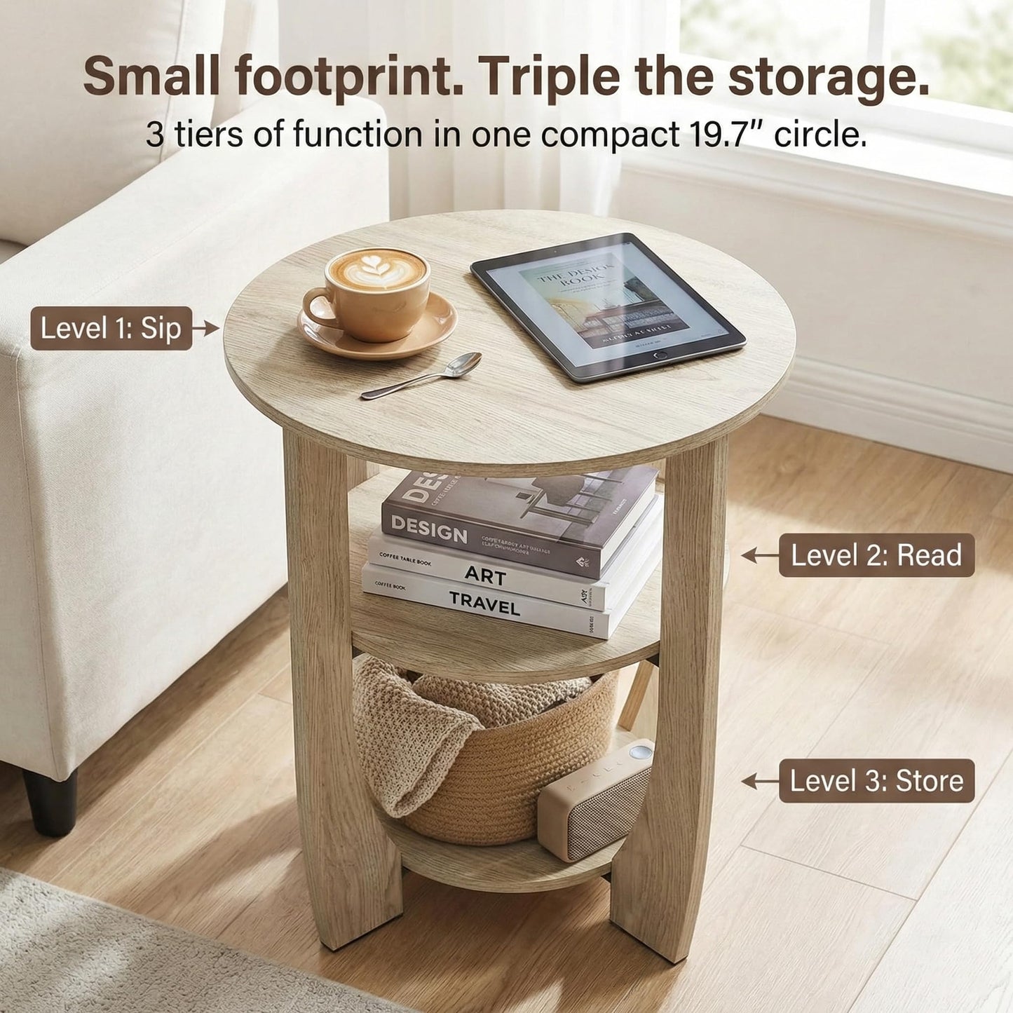 ZEXVIDA Round Side Table, 3-Tier End Table with Storage, 19.7 inch Oak Accent Table,Nightstand for Bedroom Living Room, Farmhouse Design for Couch, Sofa, Recliner, Small Space