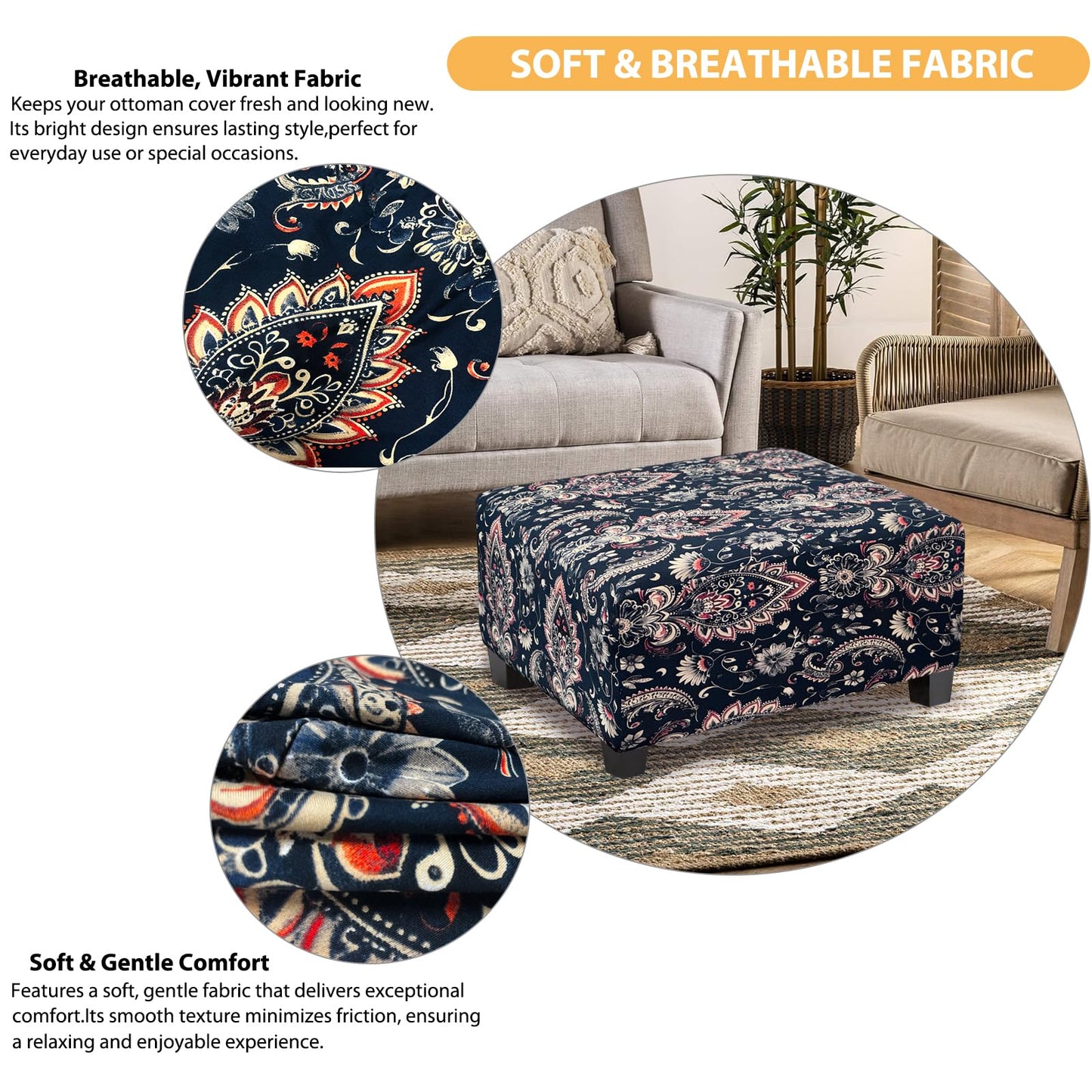 TOPHMDECOR Ottoman Cover Rectangle Printed,Stretch Footstool Slipcover with Elastic Bottom,Soft Fabric Protector for Rectangular Ottoman in Living Room or Bedroom,Medium,Flower G