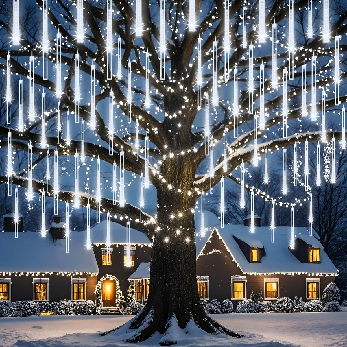 Adecorty Christmas Lights Outdoor, Meteor Shower Light 8 Tubes 192LED UL Certified Snow Falling Rain Cascading Icicle Lights for Xmas Tree Christmas Decorations Outdoor Wedding Party Window, White