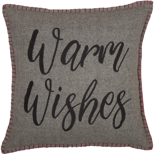 VHC Brands Anderson Warm Wishes Text Textured Felt Rustic Christmas Decor Embroidered Whipstitch Square 18x18 Filled Pillow, Cherry Red