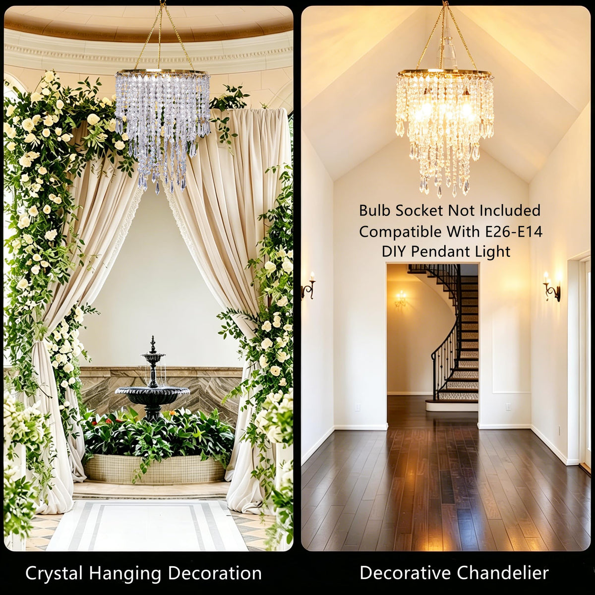 Vectolum Crystal Beaded Chandelier Shade, Gold Lamp Shade with Multi-Tiered Crystal Droplet Strands, Decorative Pendant for Home Decor, Wedding Centerpieces & Parties, 9.65 x 11.8 Inch