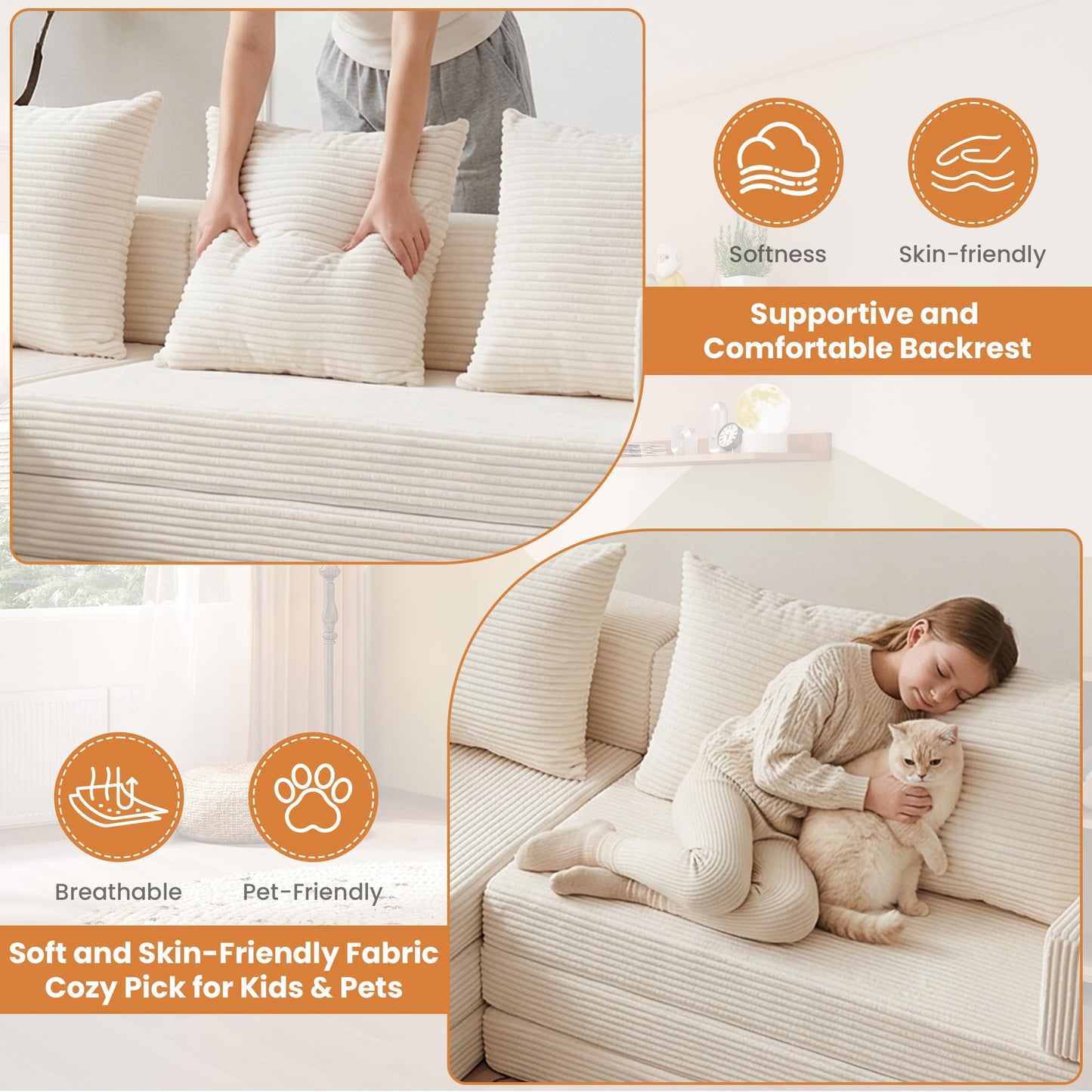 65" Boneless Couch,Convertible Sleeper Sofa Bed, Modular Sectional Sofa, Modern Tri-Folding Cloud Couch with L-Shape Chaise, Corduroy Futon Couches for Small Spaces Apartment,No Assembly