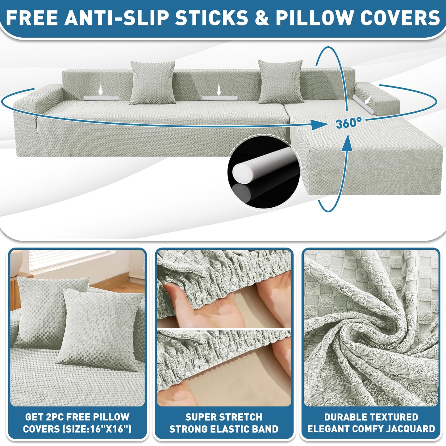 ZNSAYOTX Sectional Couch Covers, Stretch Jacquard Slipcovers with Elastic Bottom for L-Shape Sectional Sofa, 2 Pcs Pet Friendly Comfort Modular Sofa Protector (3 Seat Couch + 3 Seat Chaise, Ivory)