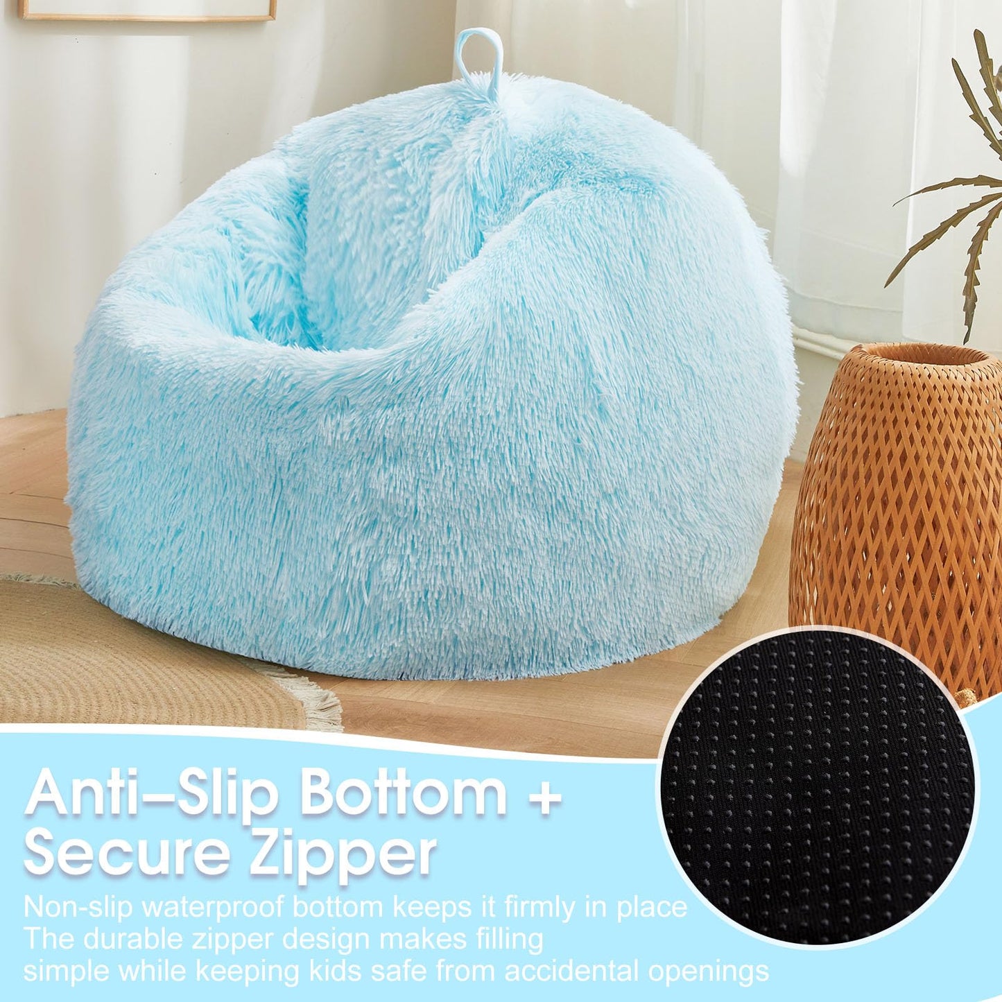 Blue plush bean bag chair covers (No Filler), comfy Furry Blue bean bag chair Cover for bedroom, stuffed animal Storage, kids adults teens girls bean bag chairs, Anti-Slip