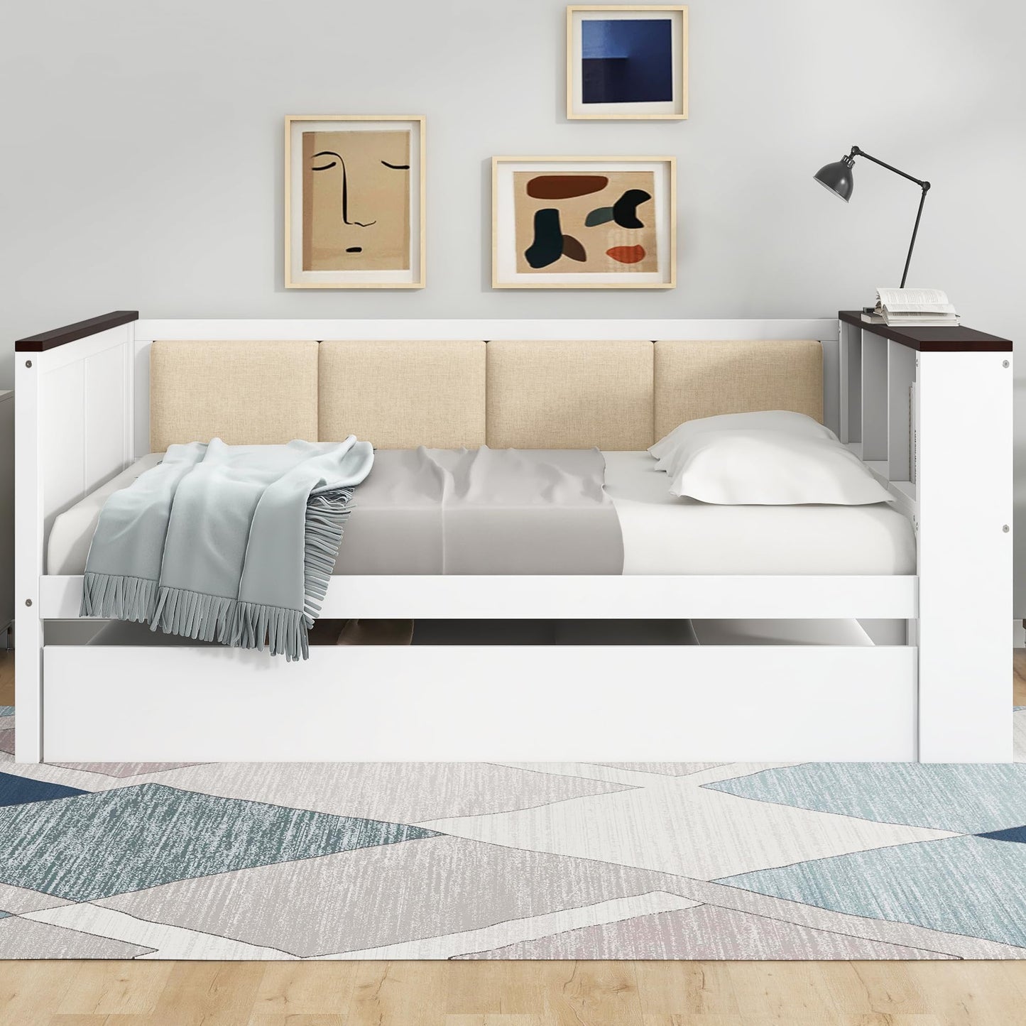 GVCXZBSS Full Size Wood Daybed with Storage Shelves, Upholstered Backrest,USB and Trundle, White