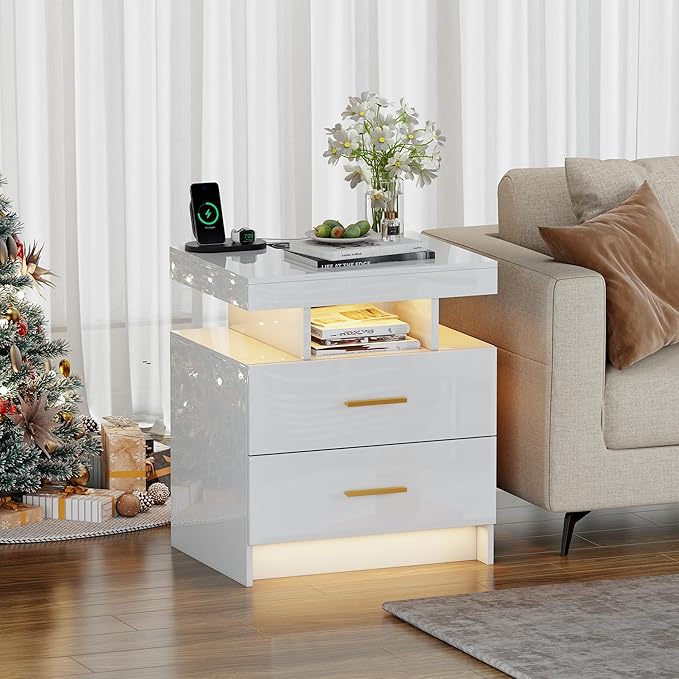 Smart Night Stand with Charging Station, Modern White Nightstand with 24 Color