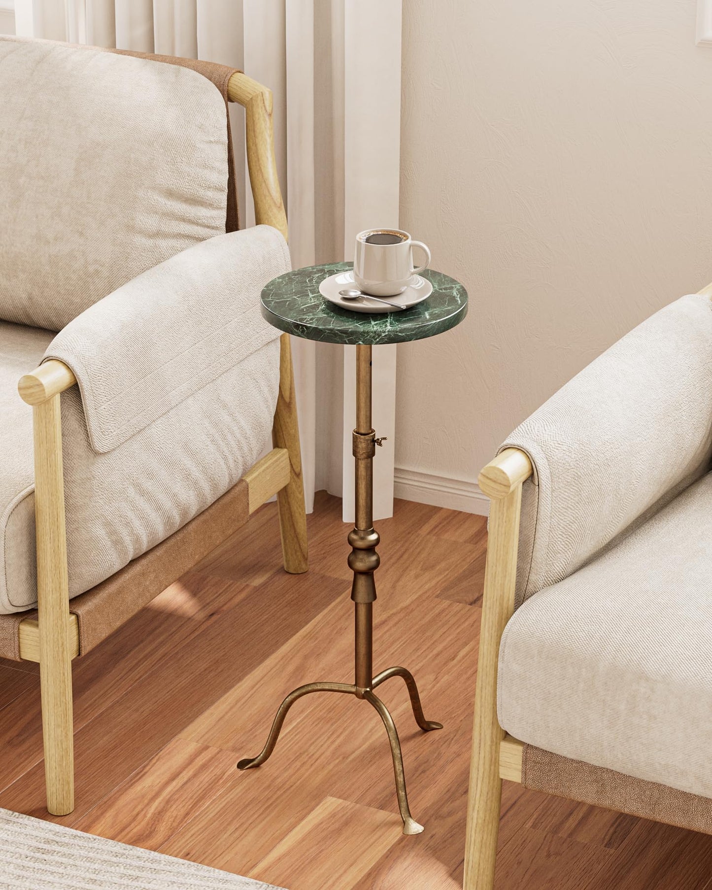 Adjustable Height Round Pedestal Table - 22-30 Inch, Modern Martini Cocktail End Table with Natural Travertine Top & Antique Brass Base for Small Spaces Living Room, Bedroom (Green Marble)