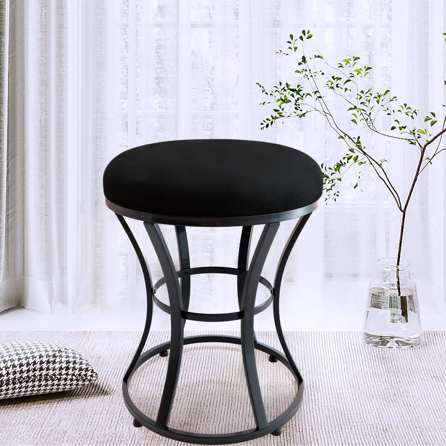 Ellensamqi Small Vanity Stool Chair, Makeup Stools for Vanity Desk, Bathroom Vanity Chair, Metallic Foot Stool for Living Room, Ottoman Foot Rest for Couch, Black Velvet, Modern Style