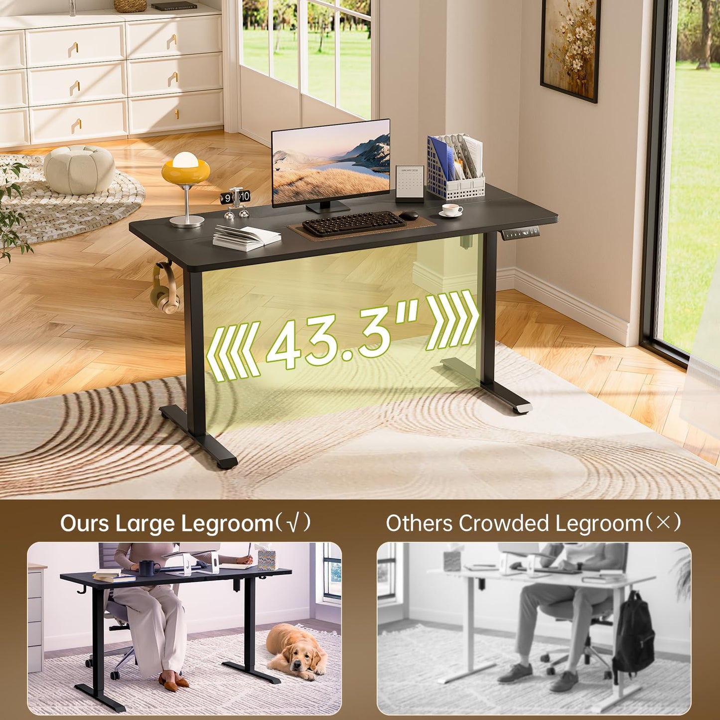 Veken 63x27.6 Inch Large Electric Standing Desk, Heights Adjustable,Sit to Stand Up, Work Home Office Computer Table for Walking Pad, Wooden Desktop Desks, Black