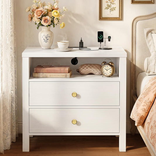 Aheaplus Nightstand with Charging Station, 23.6'' Large Bed Side Table with Wooden 2 Drawers, Night Stand for Bedroom, End Table with Open Storage Shelf for Living Room, White