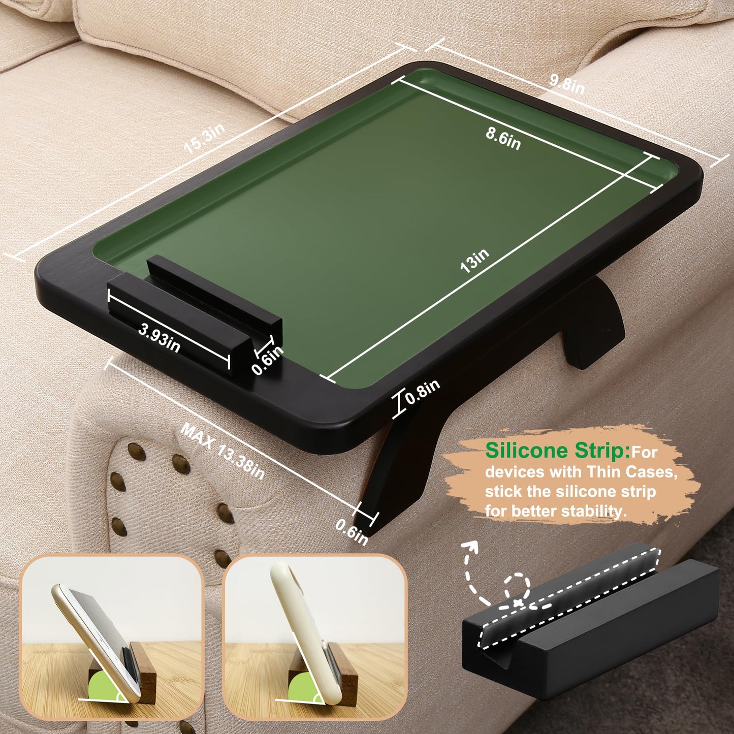 SINWANT Couch Arm Table, Bamboo Sofa Clip On Side Table Tray,Foldable Sofa Arm Tray with 360° Phone Holder for Eating Drinking Snacks Remote on Couch Armrest