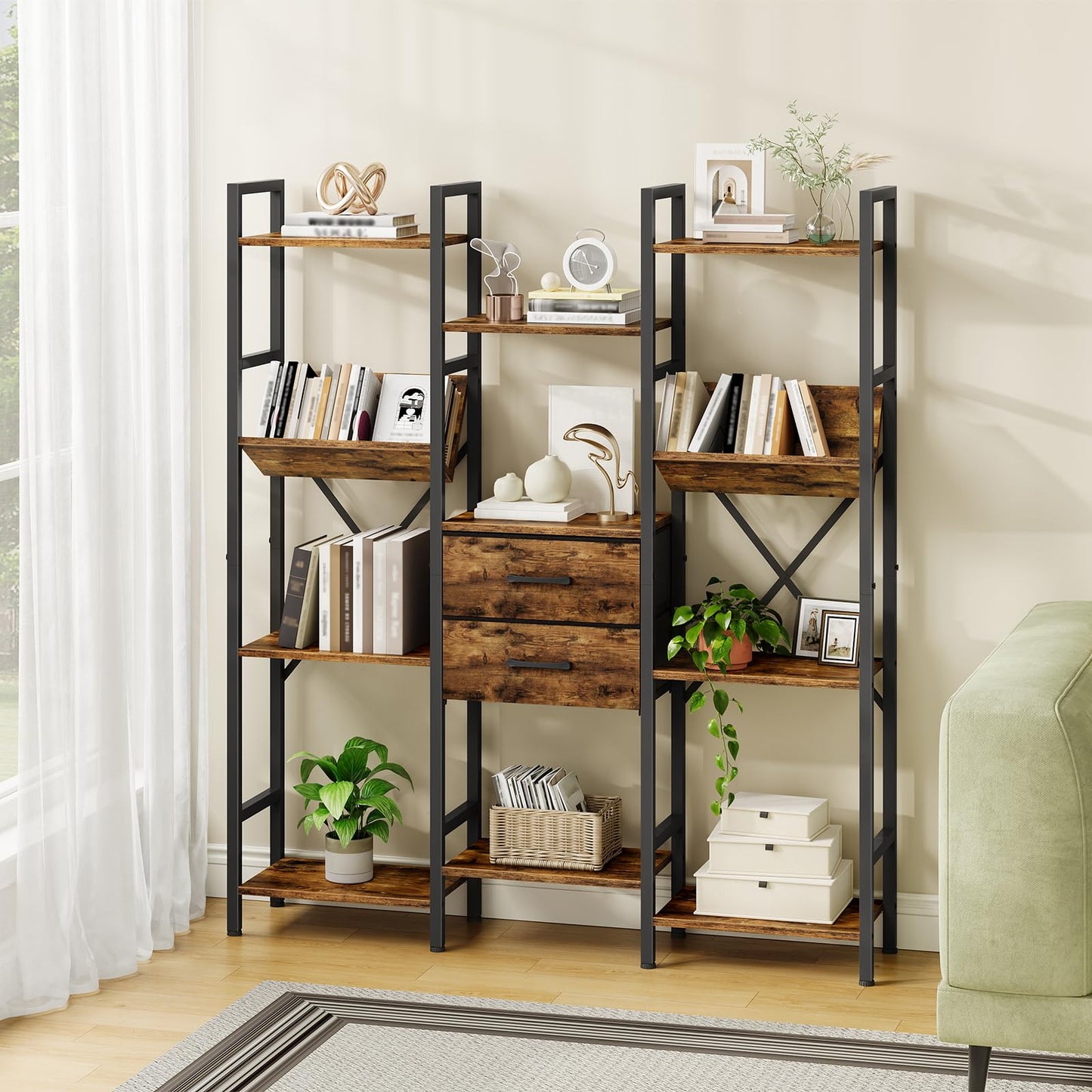 CHOEZON 3-Column Bookcase, 55.1" Bookshelf with 2 Non-Woven Fabric Drawers and V-Shaped Shelves, Display Storage Shelf for Living Room, Office, Study, Rustic Brown and Black TSJ03BF