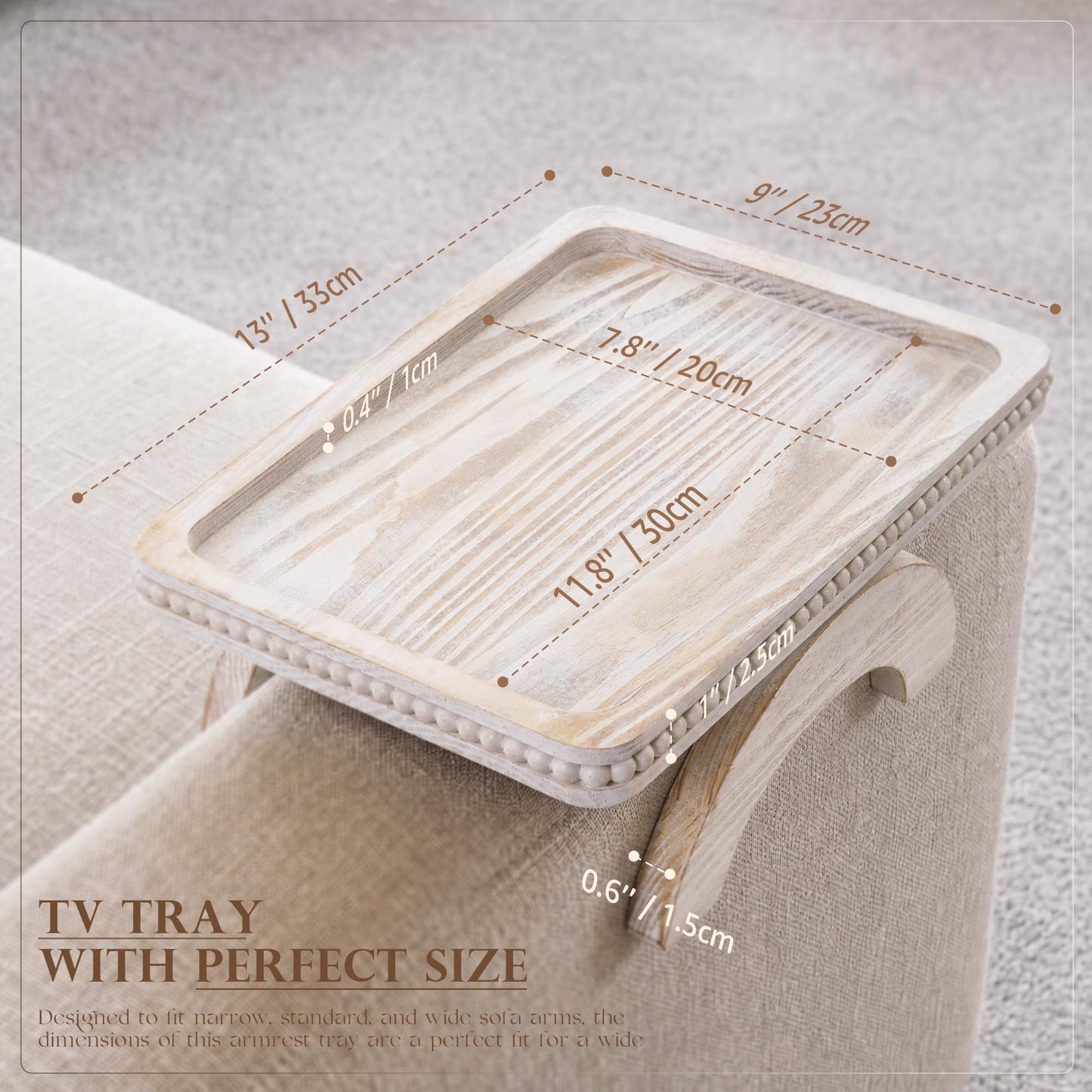 EOSAHR Pine Wood Couch Tray with Beaded Edge for Home Decor - Foldable Sofa Arm Tray as Couch Table - Decorative Trays Ideal for Coffee & Remote Control (Whitewash,13''×9''×1'')