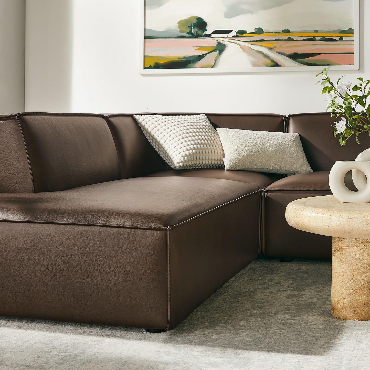 Modway Restore Faux Leather 6-Piece Modular U-Shaped Armless Sectional Sofa in Espresso – Vegan Leather Couch with Left-Facing Chaise, Right-Facing Armless Chaise, and Two Armless Chairs