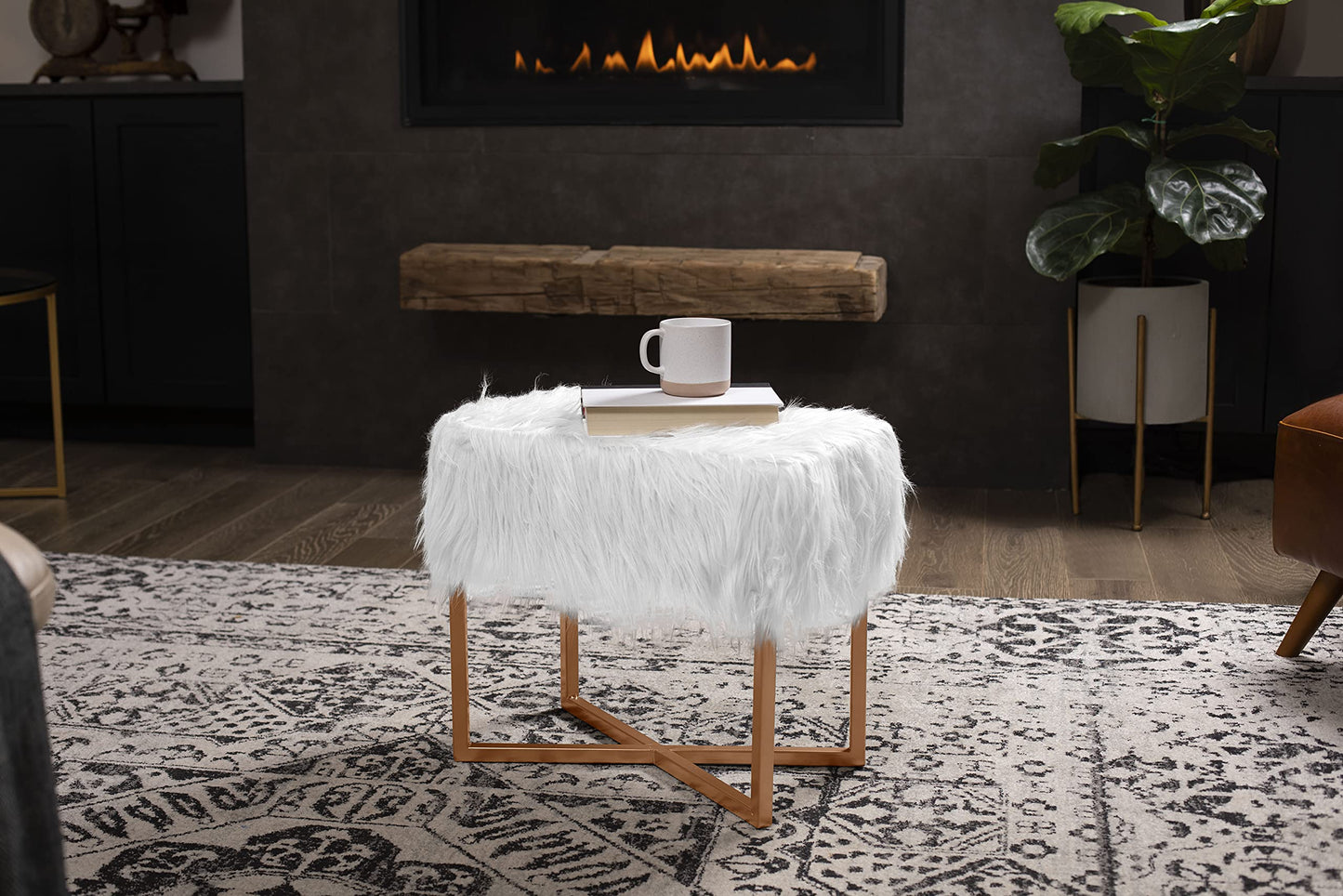 BIRDROCK HOME Rectangular Faux Fur Vanity Foot Stool Ottoman with Metal Legs - Small Soft Padded and Fluffy Makeup Seat or Foot Rest for Bedroom, Desk, or Dressing Table (White and Pale Gold)