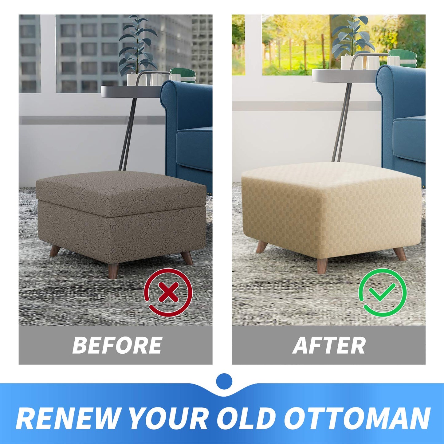 MAXIJIN Jacquard Ottoman Cover Slipcovers Folding Storage Stool Furniture Protector Cover Soft Thick Rectangle Foot Rest Slipcover with Elastic Bottom (Ottoman X-Large, Light Beige)