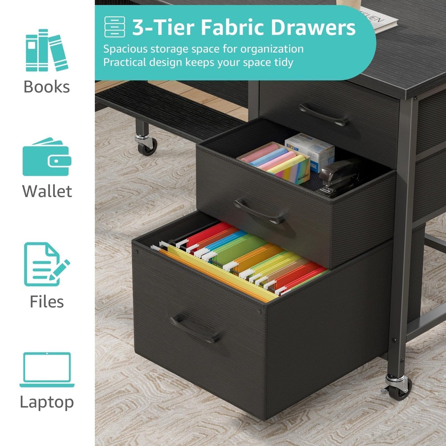 Rolling Teacher Desk with File Drawer & Privacy Panel, 47" Mobile Computer Desk with 3 Storage Drawers on Wheels, Modern Office Desks with File Cabinet for Classroom & Home Office, Black