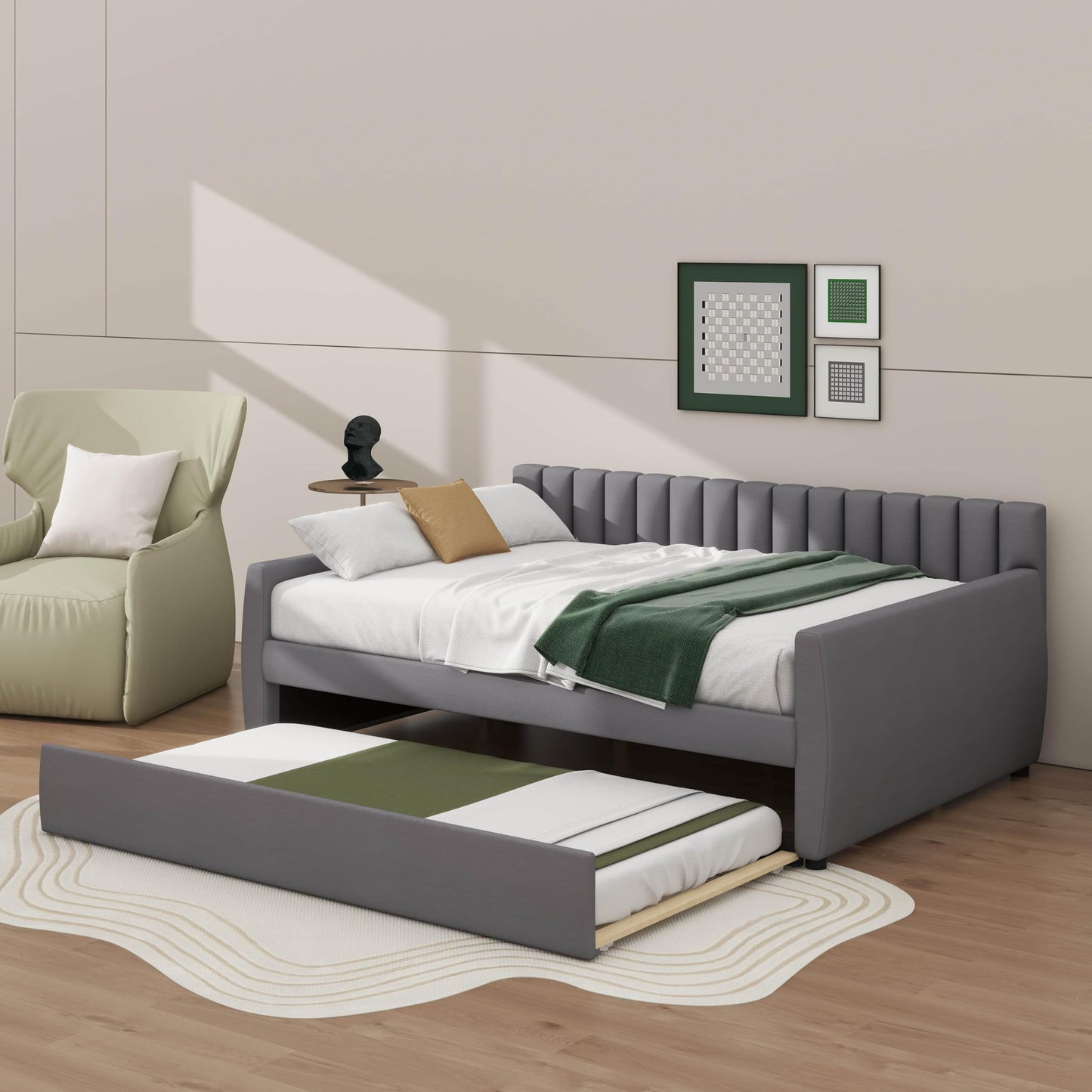 YunNianYang Full Size Upholstered daybed with Trundle and Wood Slat Support (Gray)