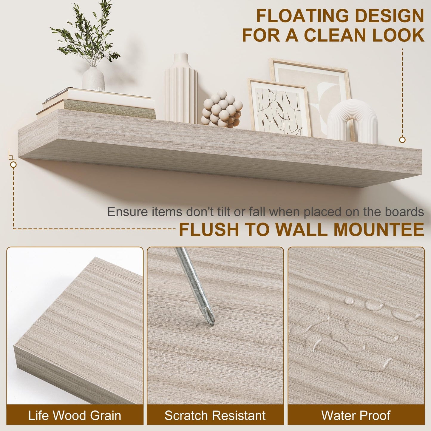 Fun Memories Floating Shelves for Wall, 20 Inch Floating Shelves Set of 2, Hanging Shelf with Invisible Brackets, Wood Shelves for Living Room, Bedroom, Kitchen, Grey