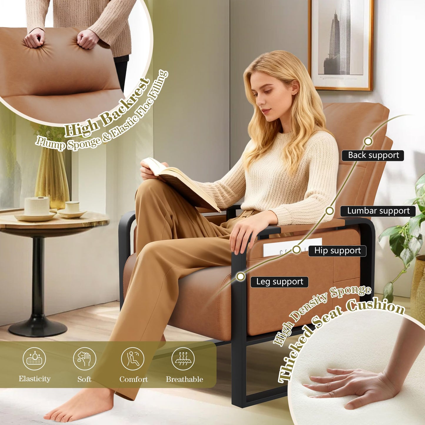 Apeaka Modern Brown Accent Chair PU Leather Upholstered Armchair with Foldable Side Table for Bedroom Living Room Chairs Office Chair