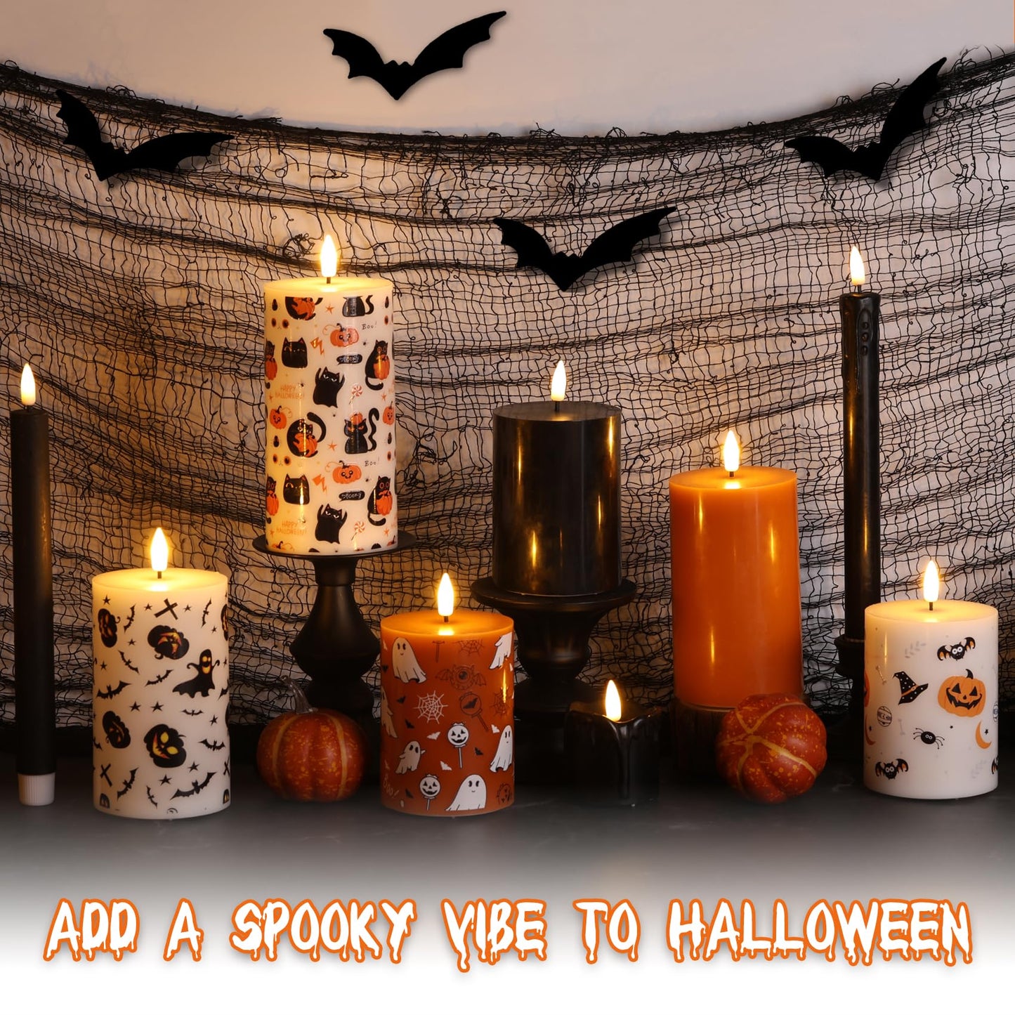 Girimax Burnt Orange Halloween Flameless Pillar Candles with Remote, Ghost LED Wax Candles Battery Operated Set of 3