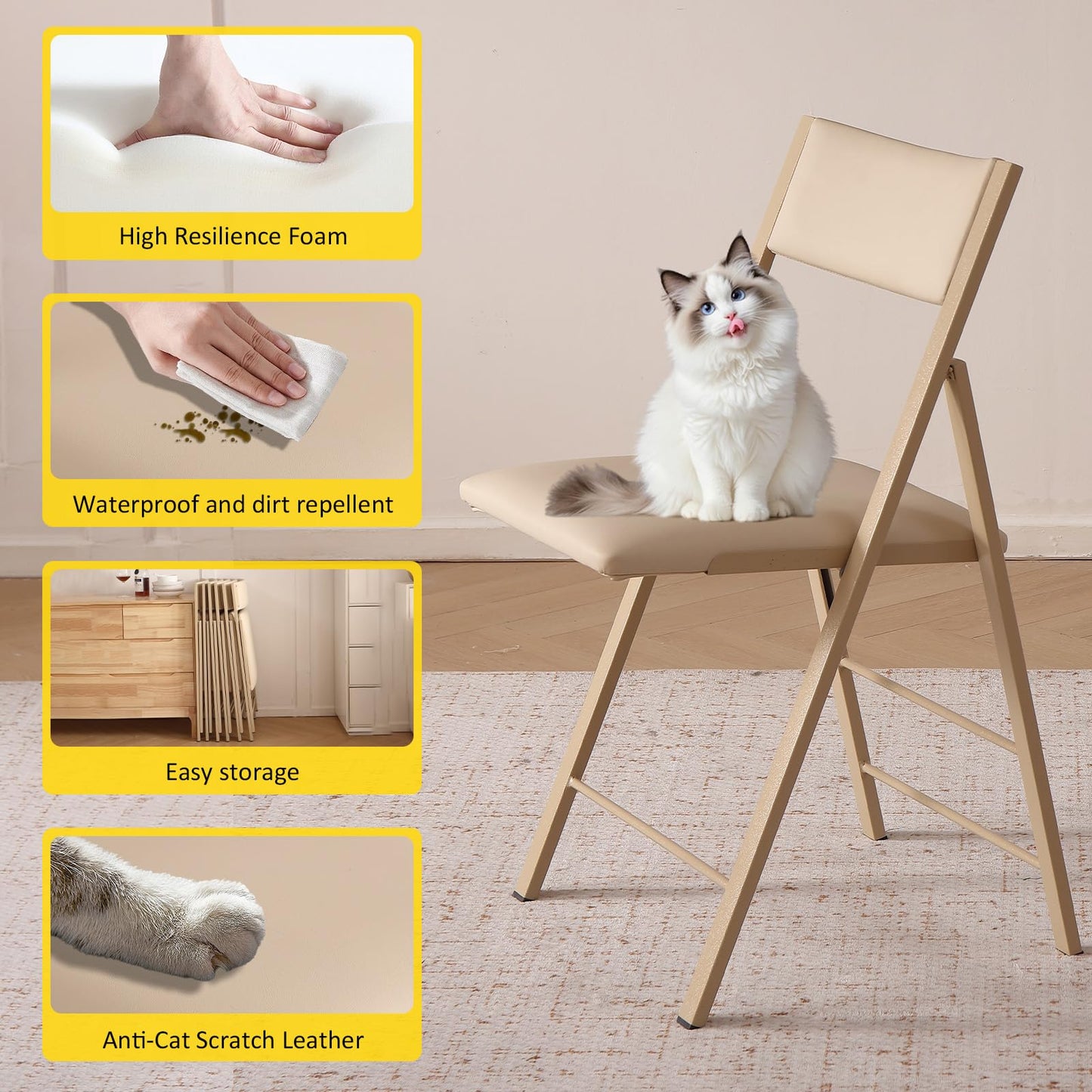 Folding Chairs with Cushion 2 Pack - Heavy Duty Steel Frame Foldable Dining Chairs, Waterproof Leather Indoor Outdoor Comfortable Folding Chairs for Home, Conference Rooms, Weddings, Events (Wood)