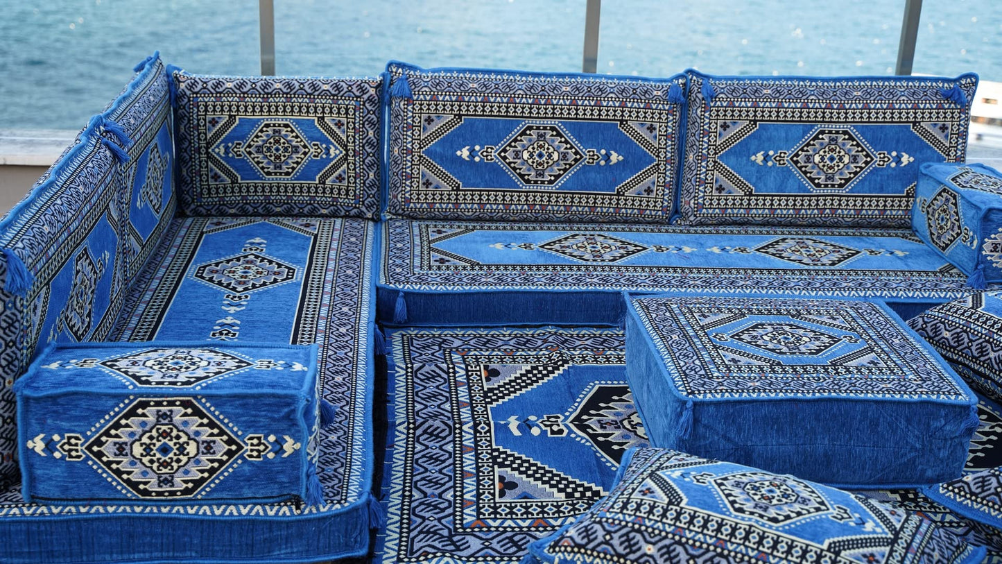 L Shaped Arabic Floor Cushions, Sectional Sofas, Arabic Majlis Set, Custom Made Sofa, Arabic Sofa Set, Seating Cushions (4'' Thickness Sofa, L Sofa Full Set, Blue)