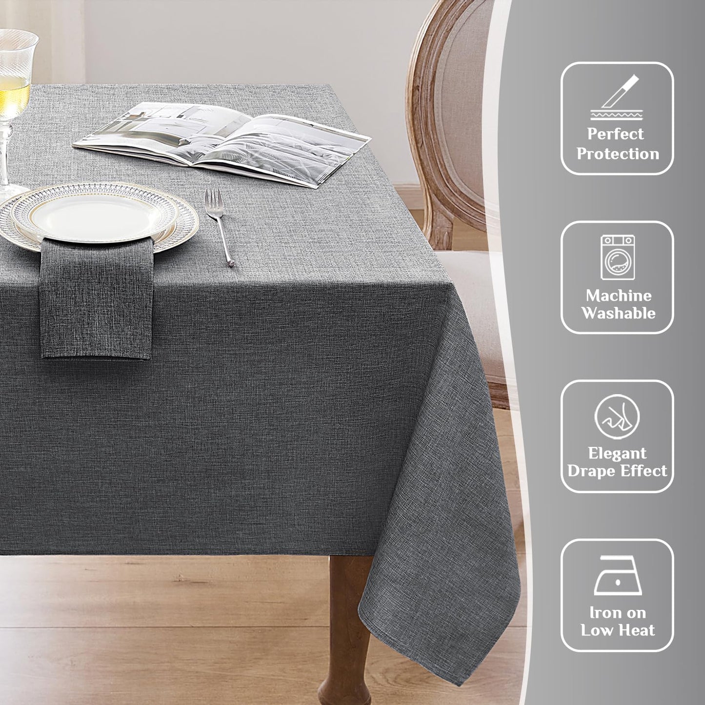 Softalker Large Rectangular Table cloth 120 x 60 inch Grey Linen Textured Tablecloth Outdoor Waterproof, Stain and Wrinkle Resistant, Extra Lang Table Cloths for 6/8 foot Rectangle Tables Decor Garden