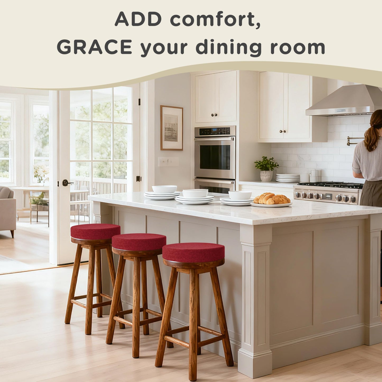 AddGrace 2.5" Thick Non Slip Round Chair Pad 1 Pack, 16" Round Chair Cushion with Machine-Washable Cover and Long Zipper, Seat Cushions for Kitchen, Office, Floor and 16" Ottoman, Red