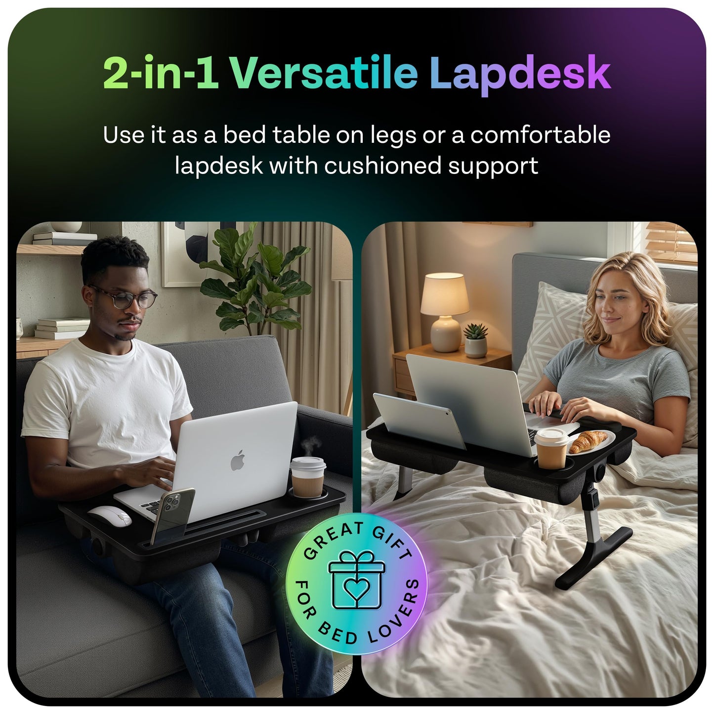 SHIRLIZ Lap Desk with Legs & Cushions: 2-in-1 Foldable Bed Desk for Adults - One-Touch Height Adjustment, Bed Table Tray Hold: up to 15.6“ Laptop, Mouse Cup Phone - Laptop Stand Desks for Bed (Black)