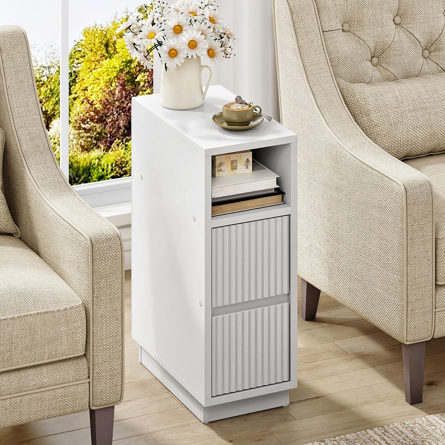 CHOEZON 8.7" Narrow Fluted Nightstand, Small Bedside Table with Drawers, Skinny Side Table, Modern Nightstand with 1 Semi-Open Shelf, Floating End Table, for Living Room, Bedroom, White MBZ12WB