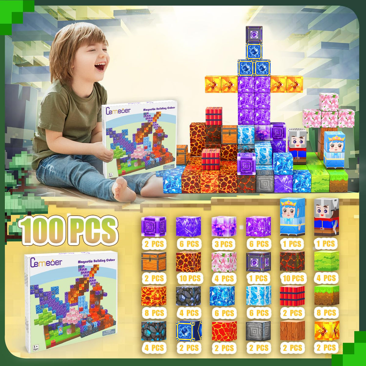 CEMECER 100PCS Magnetic Blocks, Stacking Magnetic Building Blocks Toys for Kids, Sensory Montessori Construction Game Magnetic Build Cube Tile Toys.