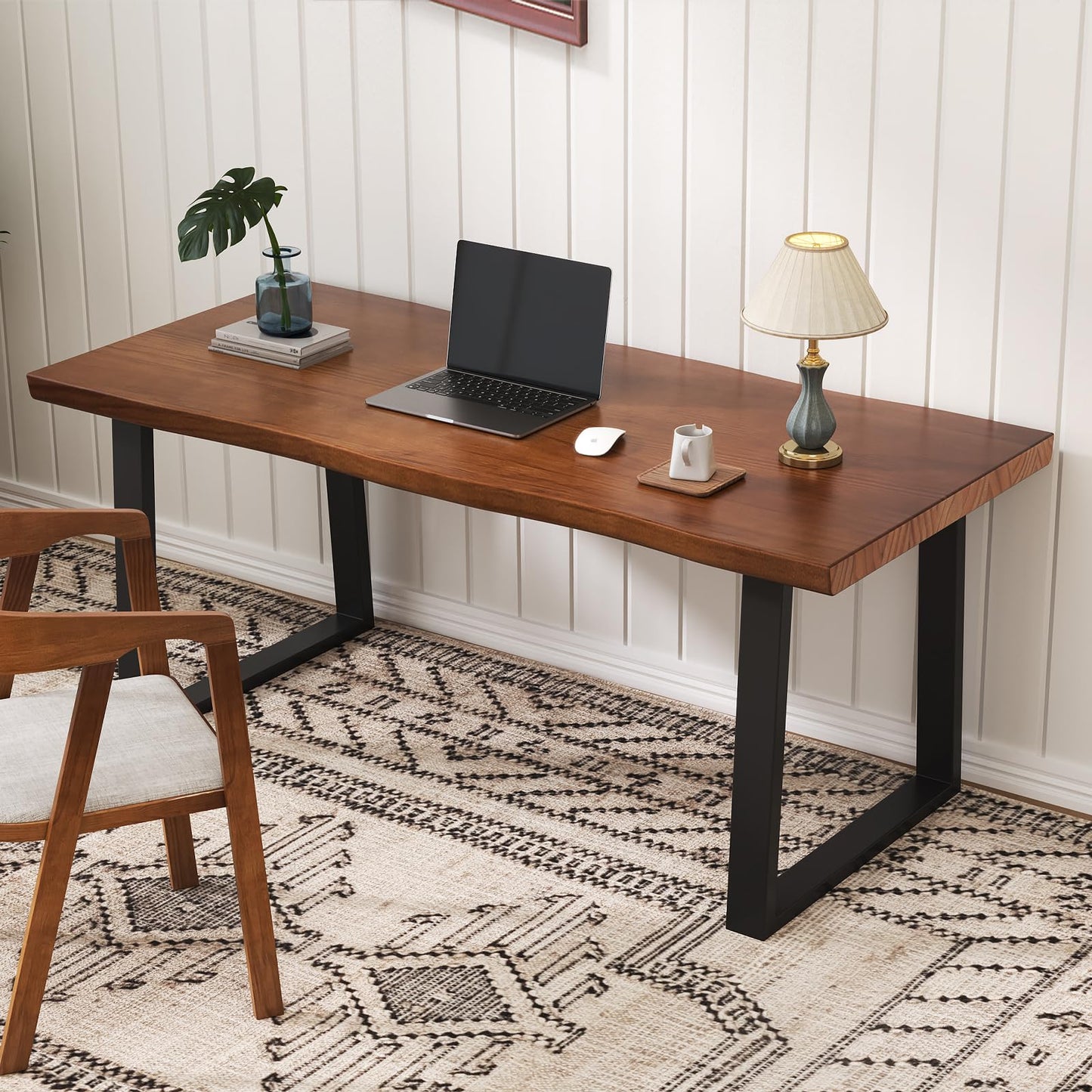 wangbochuan Solid Wood Administrative Computer Desk - Rustic Style Large Office Desk, Modern Minimalist Workstation for Home, Ideal for Learning, Writing, and Professional Use (Dark Yellow, 55.12in)