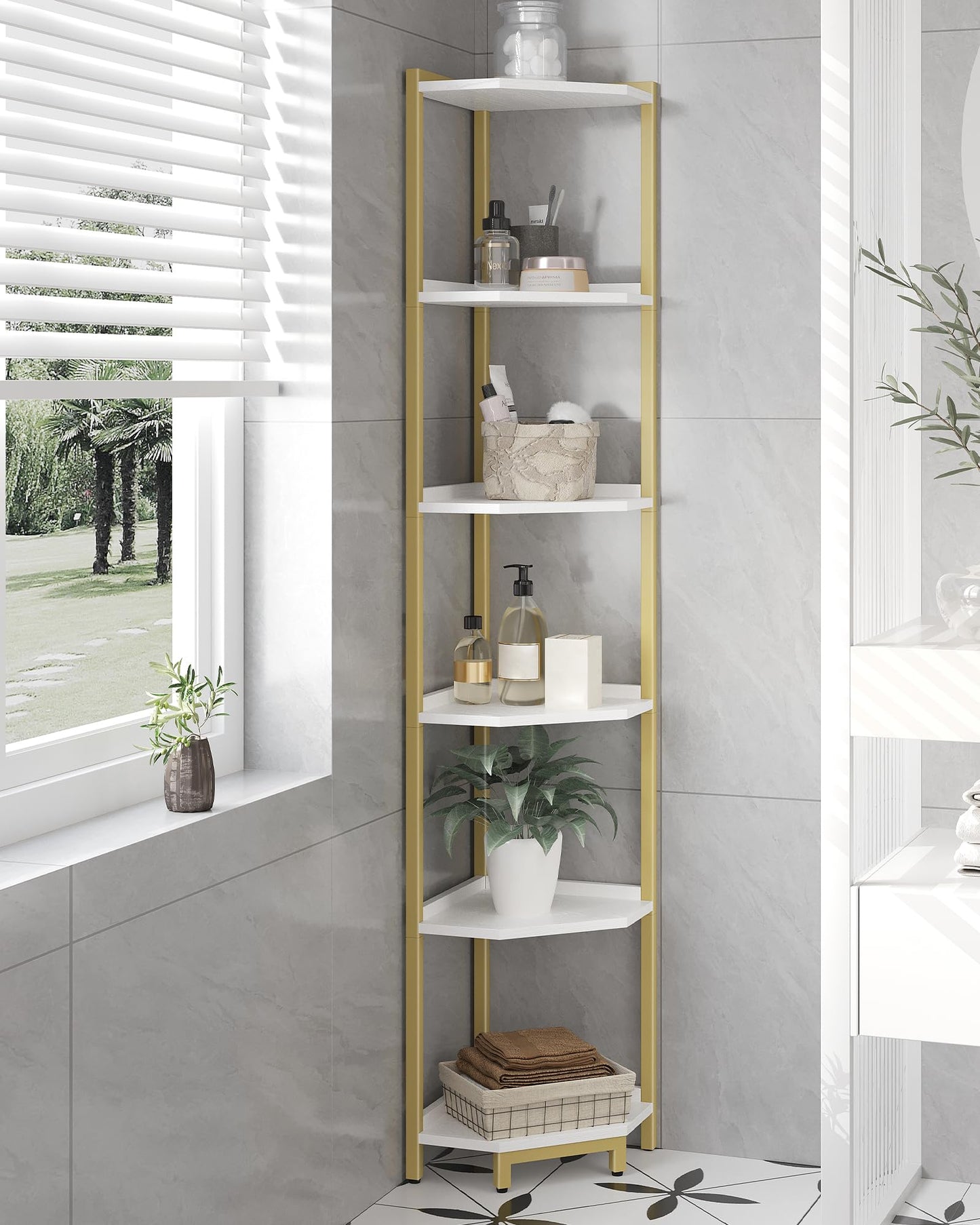 Hzuaneri Corner Shelf Stand, Corner Bookshelf, Storage Standing Shelf Unit with Metal Frame, Plant Stand, Bookcase for Living Room, Home Office, Bedroom, 6-Tier White Gold CS06003A