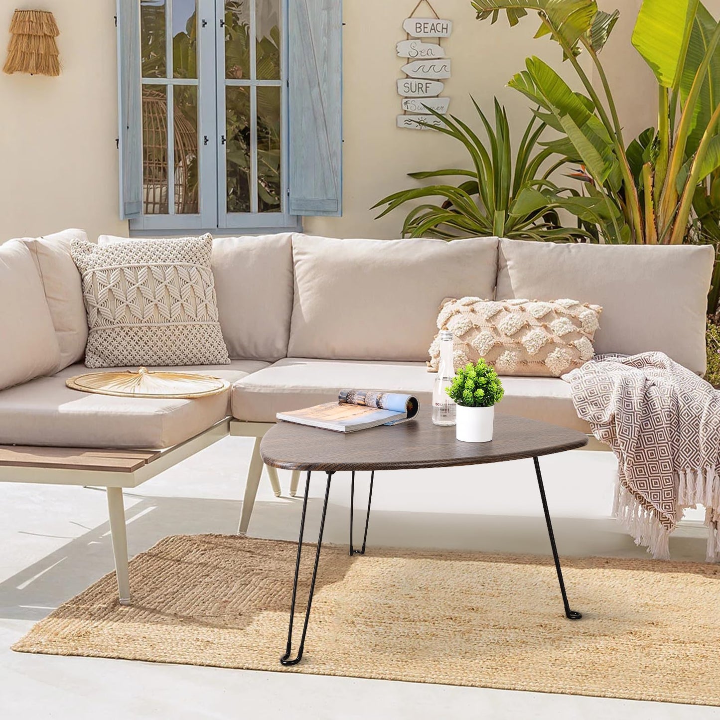 FEUFOAM Folding Coffee Tables for Small Spaces Foldable Industrial Sofa Center Table Triangle Design Wood Framed Coffee Table Mid Century Rustic Brown Floor Desk for Living Room Balcony