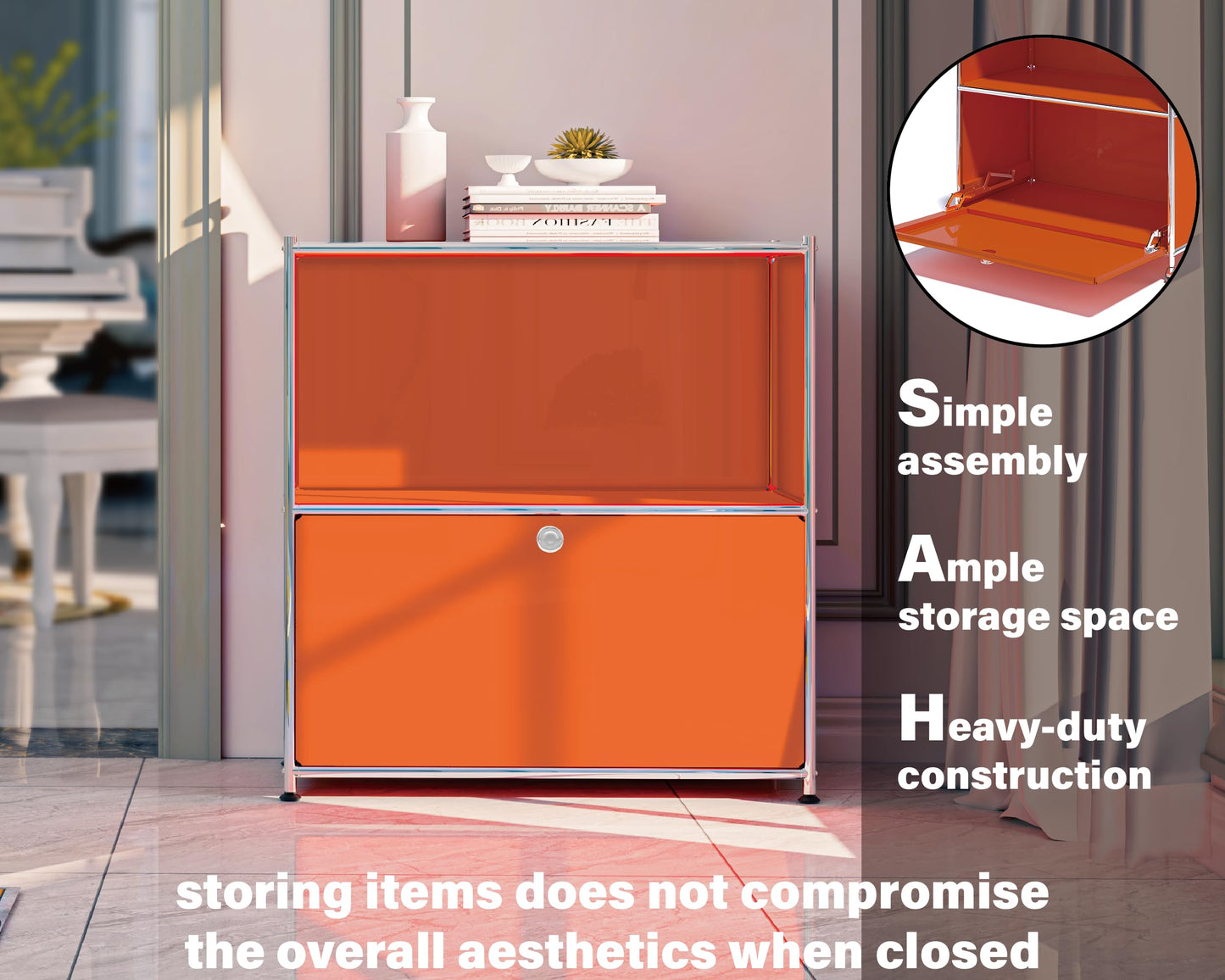 Simplink 32.5-Inch Flip-Top Side Table & Buffet Cabinet with Detachable Wheels, Ample Storage, DIY Corner Bookshelf, Wall Shelf, Cube Organizer, Bedside Table – Modern Home Decor, Orange