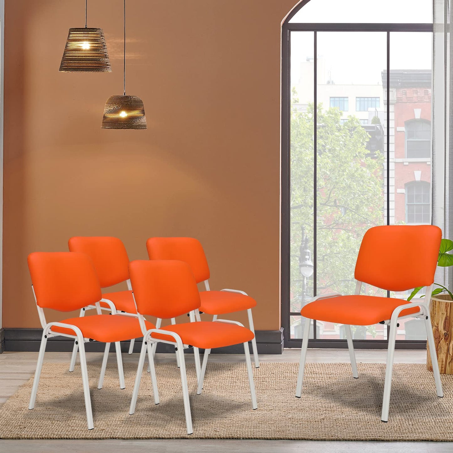 VINGLI Orange Waiting Room Chairs, 5-Pack PU Church Chairs Conference Stackable Office Guest & Reception Stacking for Meeting,Office Lobby, Simple&Space-saving Pu-orange
