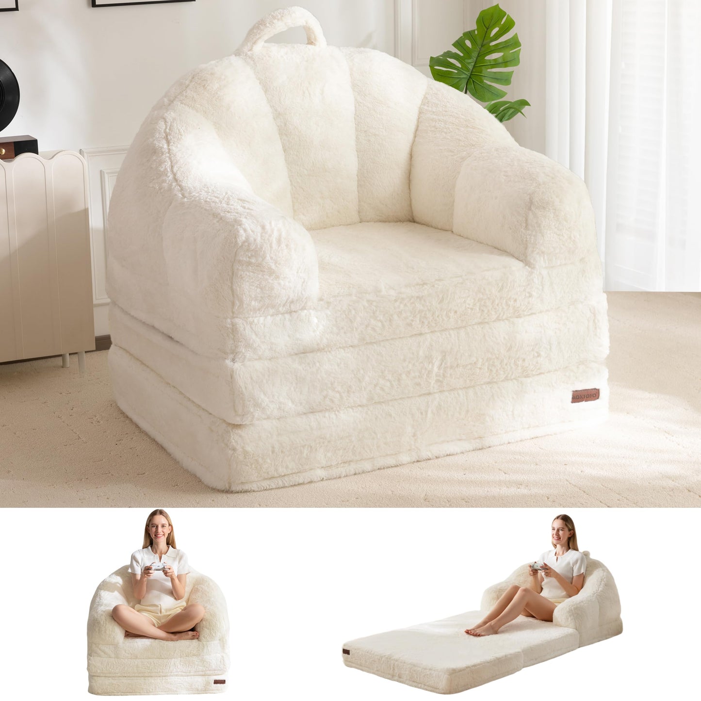 MAXYOYO Folding Sofa Bed, 2 in 1 Convertible Sofa to Lounger Comfy Single Bean Bag Chair for Adults, Floor Couch with Handle, Faux Fur Couch Bed for Living Room Bedroom, Beige
