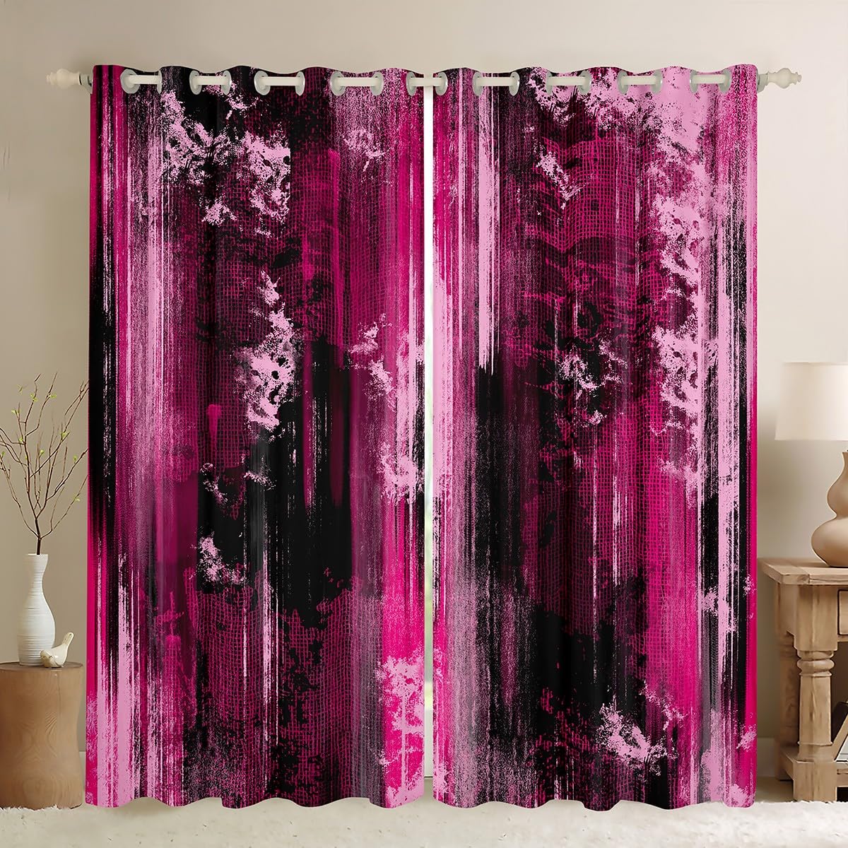 Feelyou Modern Abstract Art Curtains for Bedroom Living Room Abstract Blackout Darkening Drapes Hot Pink Black Window Treatments, 2 Panels 38 x 45 Inch Luxury Room Decor