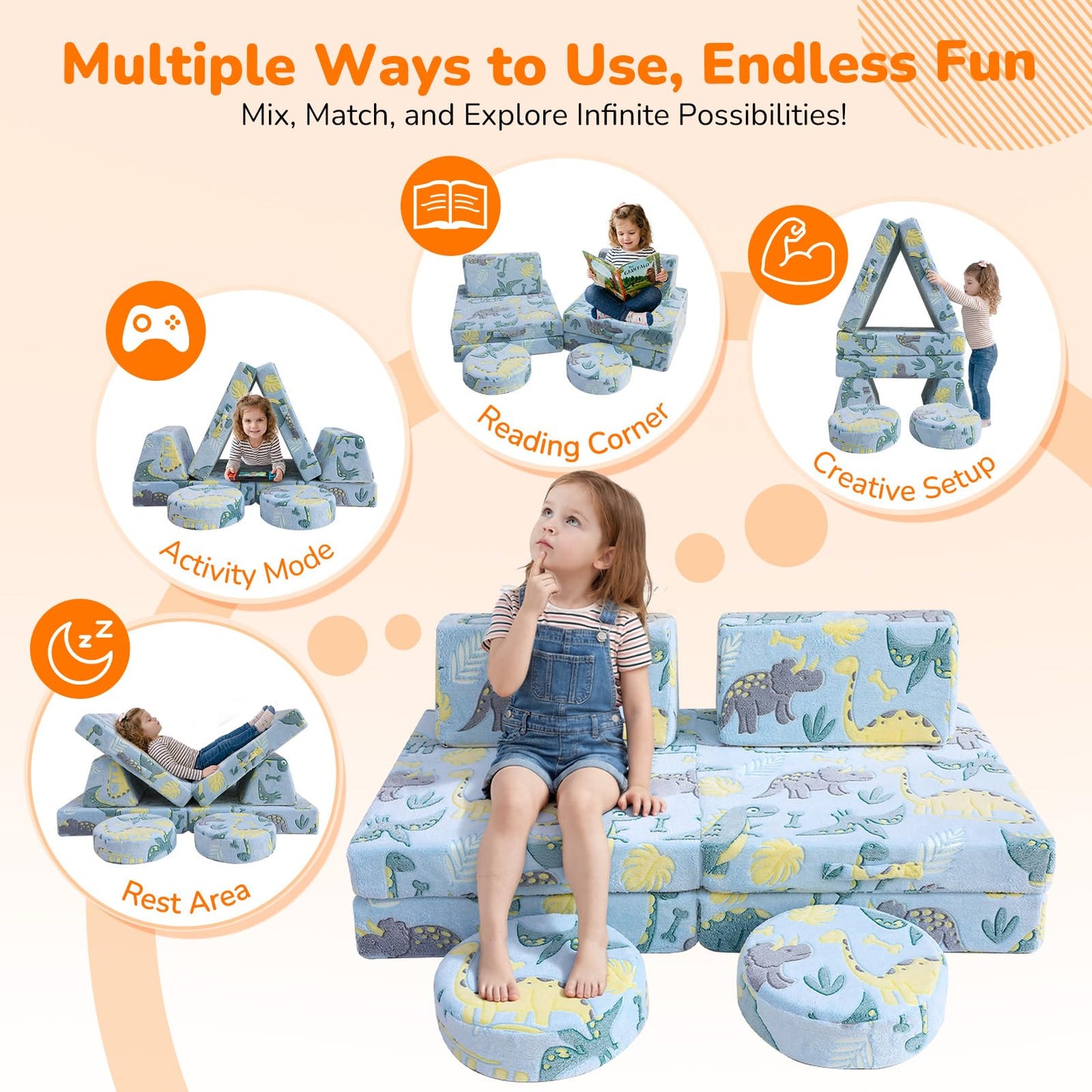 MeMoreCool Kids Couch, Blue Dinosaur Modular Foam Play Couch, Ages 3+