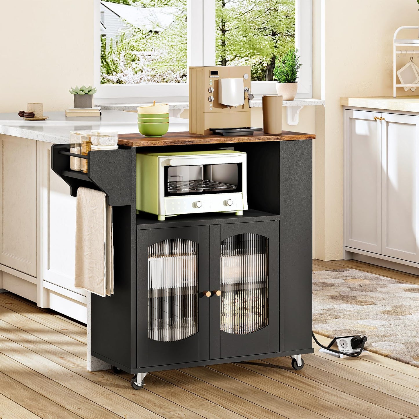 HOOBRO Kitchen Island with Power Outlet, Rolling Kitchen Island with Glass Doors and Open Storage Shelf, Island Table with Spice Rack, Towel Rack for Kitchen, Rustic Brown and Black BF53UZD01